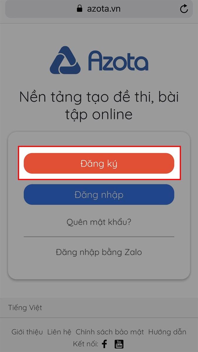 Truy cập trang web Azota: azota.vn, chọn Đăng ký