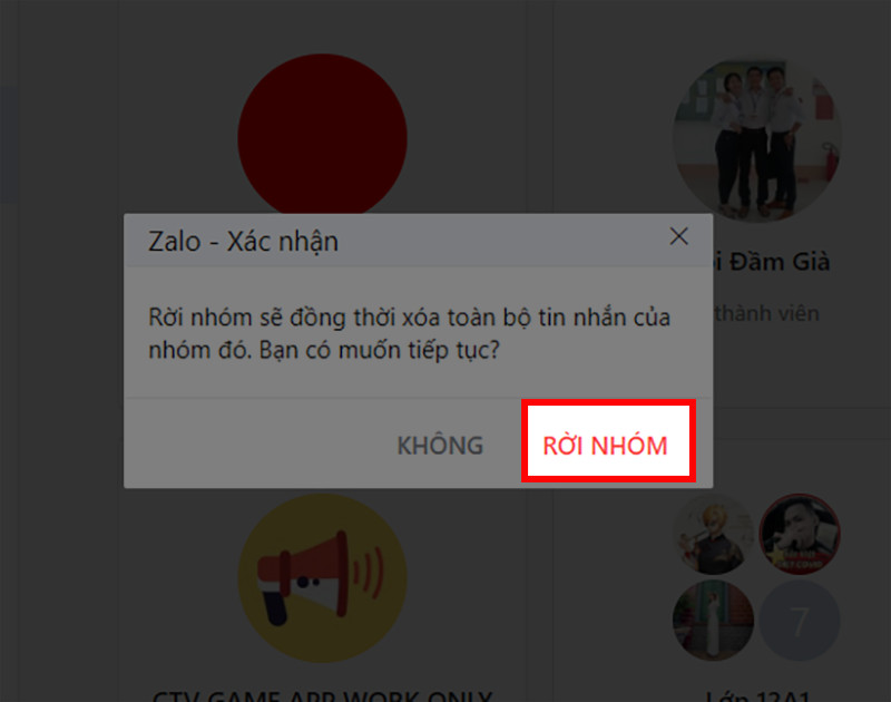 X&aacute;c nhận rời nh&oacute;m Zalo tr&ecirc;n m&aacute;y t&iacute;nh