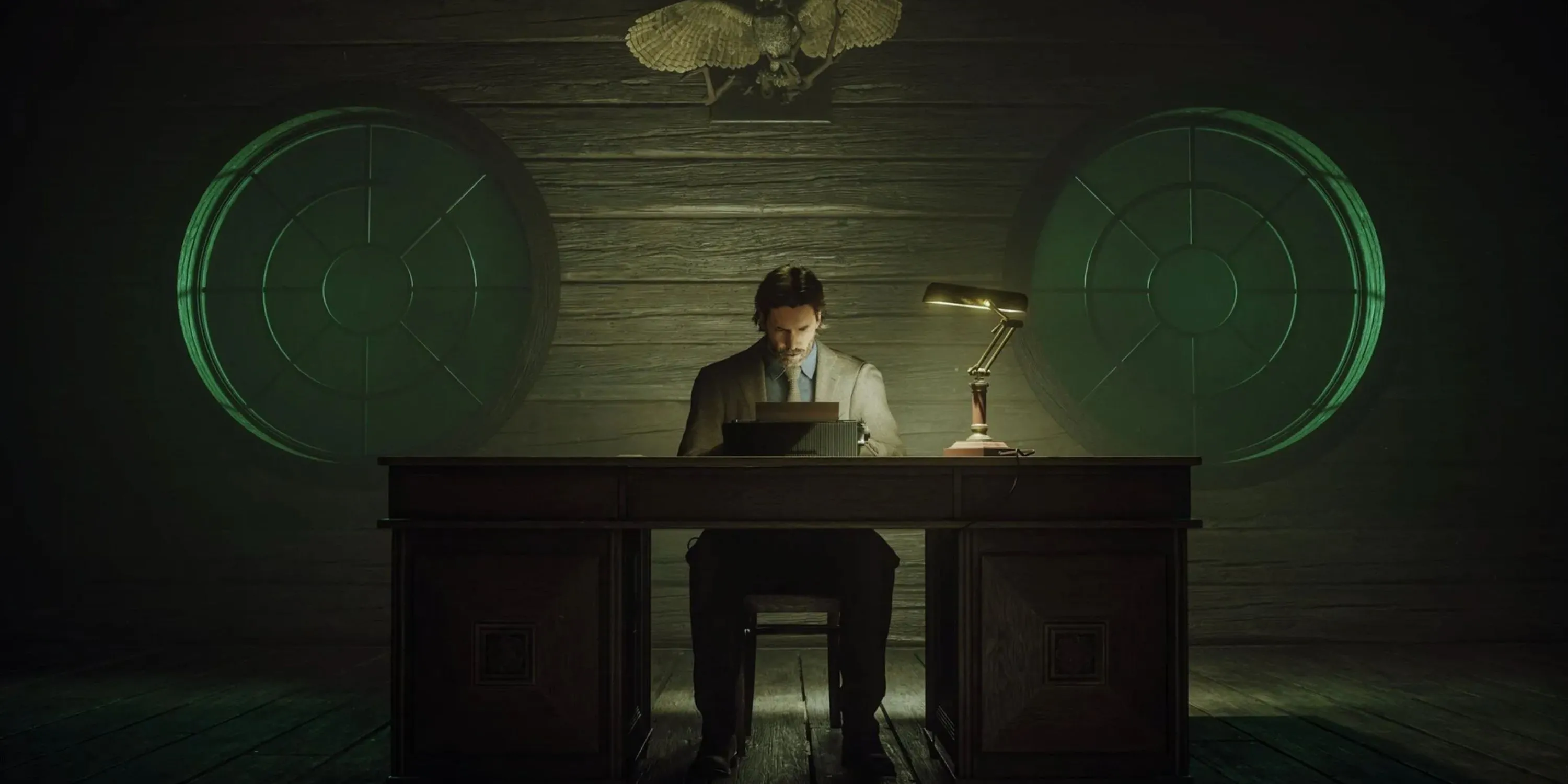 Alan Wake và Saga Anderson trong một cảnh tối tăm của Alan Wake 2