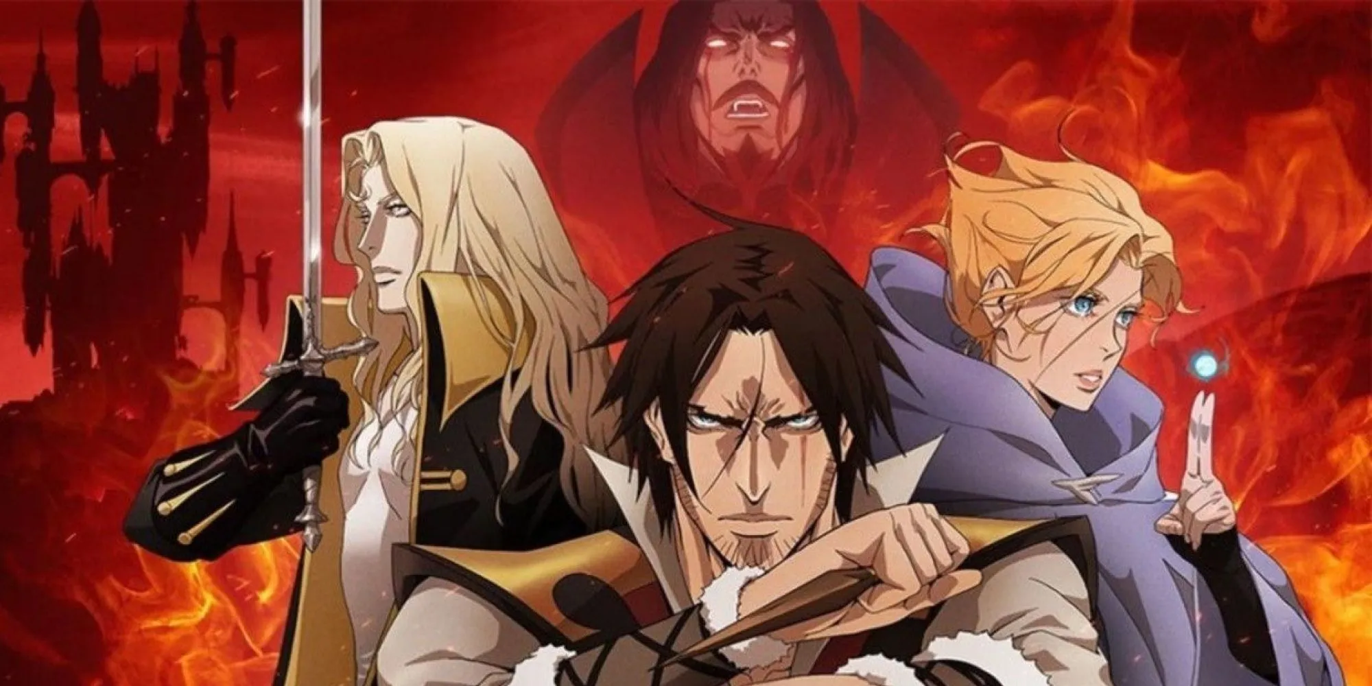 Alucard, Trevor, và Sypha trong tư thế chiến đấu trước Dracula trên nền lửa trong Castlevania
