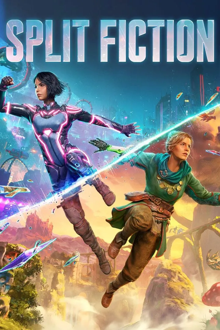 Ảnh bìa chính thức của game Split Fiction với hai nhân vật chính đứng giữa một khung cảnh hỗn loạn và kỳ ảo