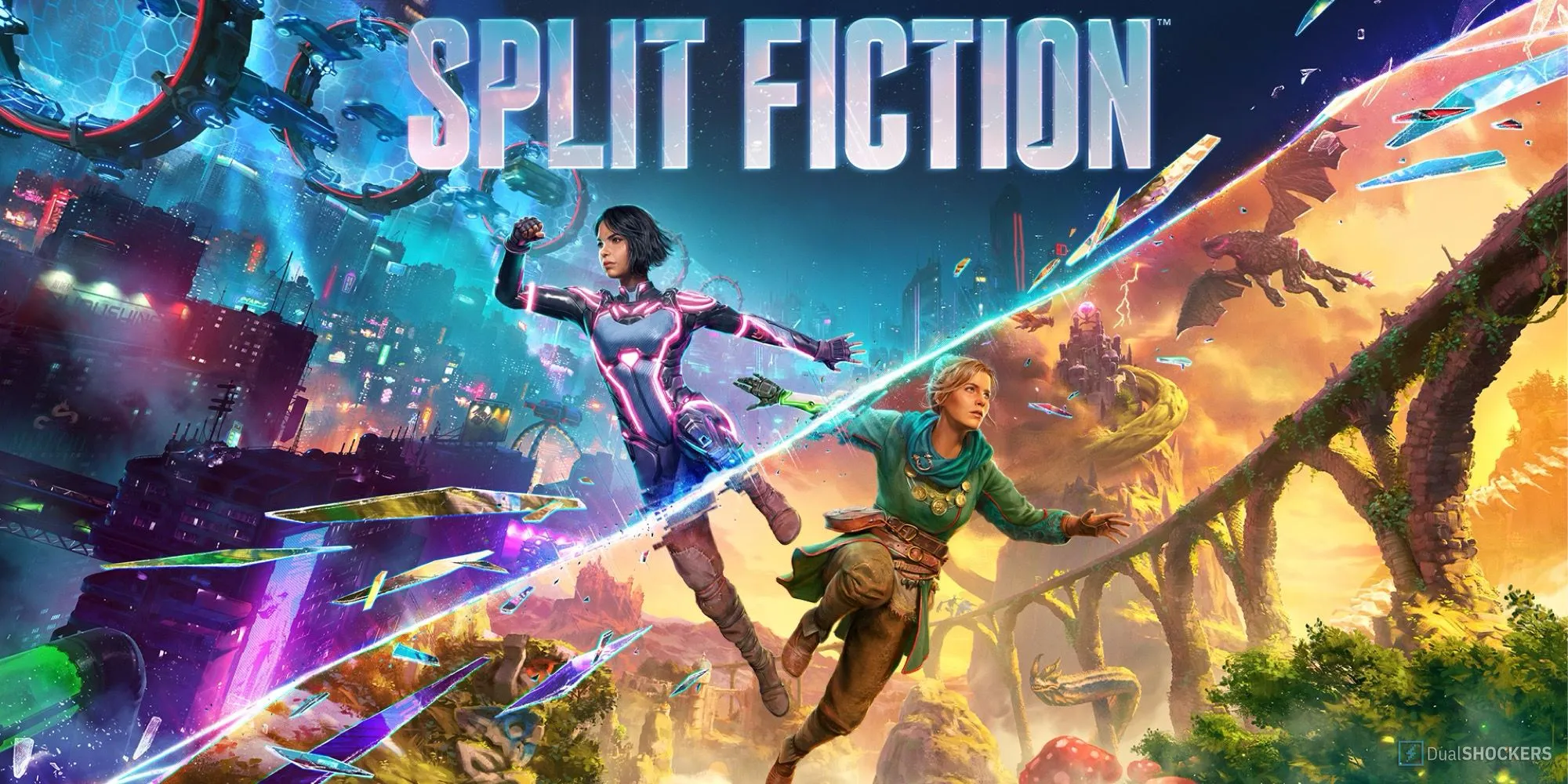 Ảnh bìa chính thức của game Split Fiction với hai nhân vật chính Mio và Zoe