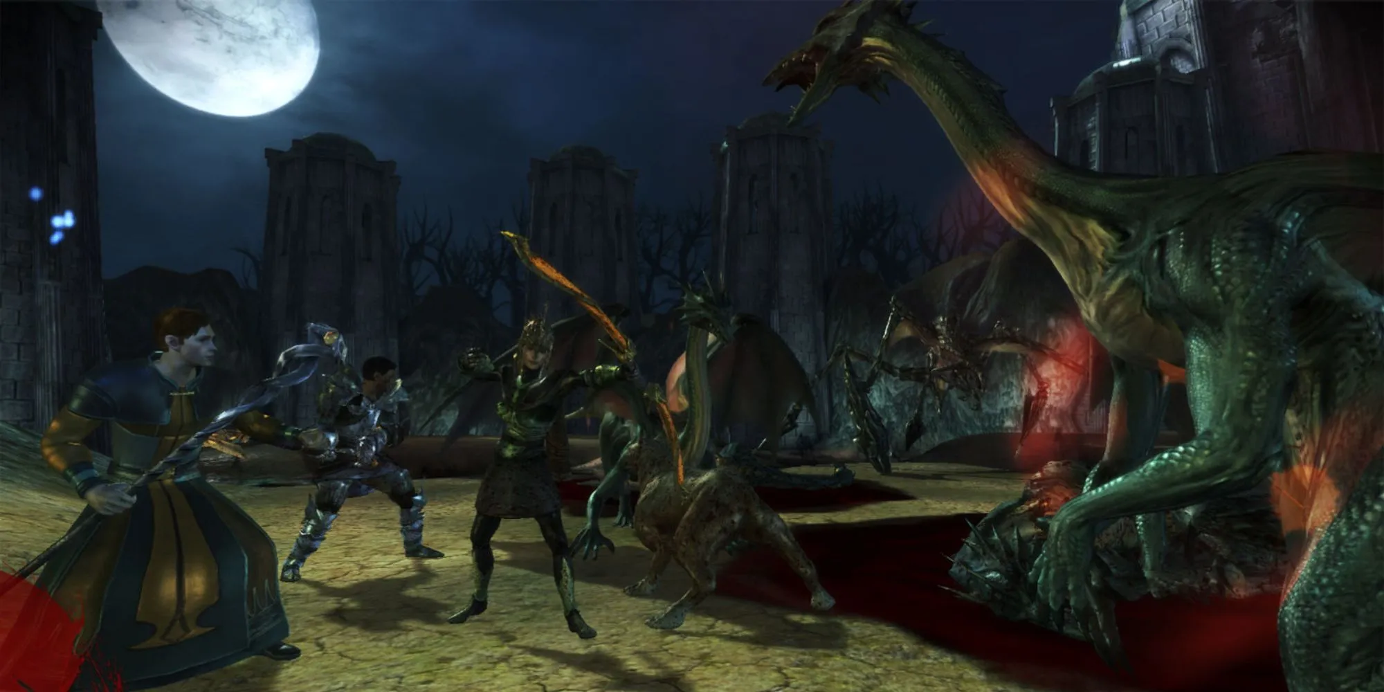 Ảnh bìa game Dragon Age Origins thể hiện các nhân vật chính trong trận chiến