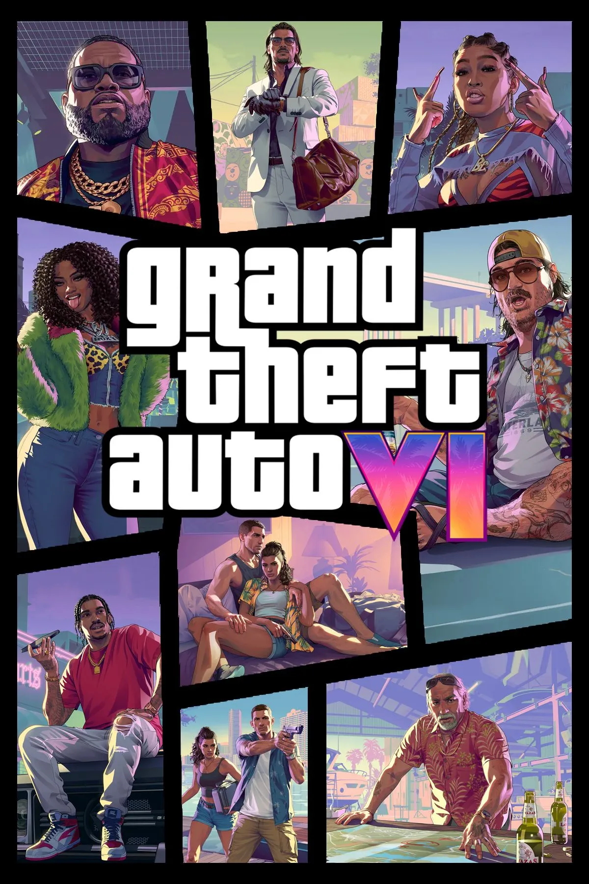 Ảnh bìa nghệ thuật dự kiến của Grand Theft Auto 6 với logo và hình ảnh nhân vật chính.