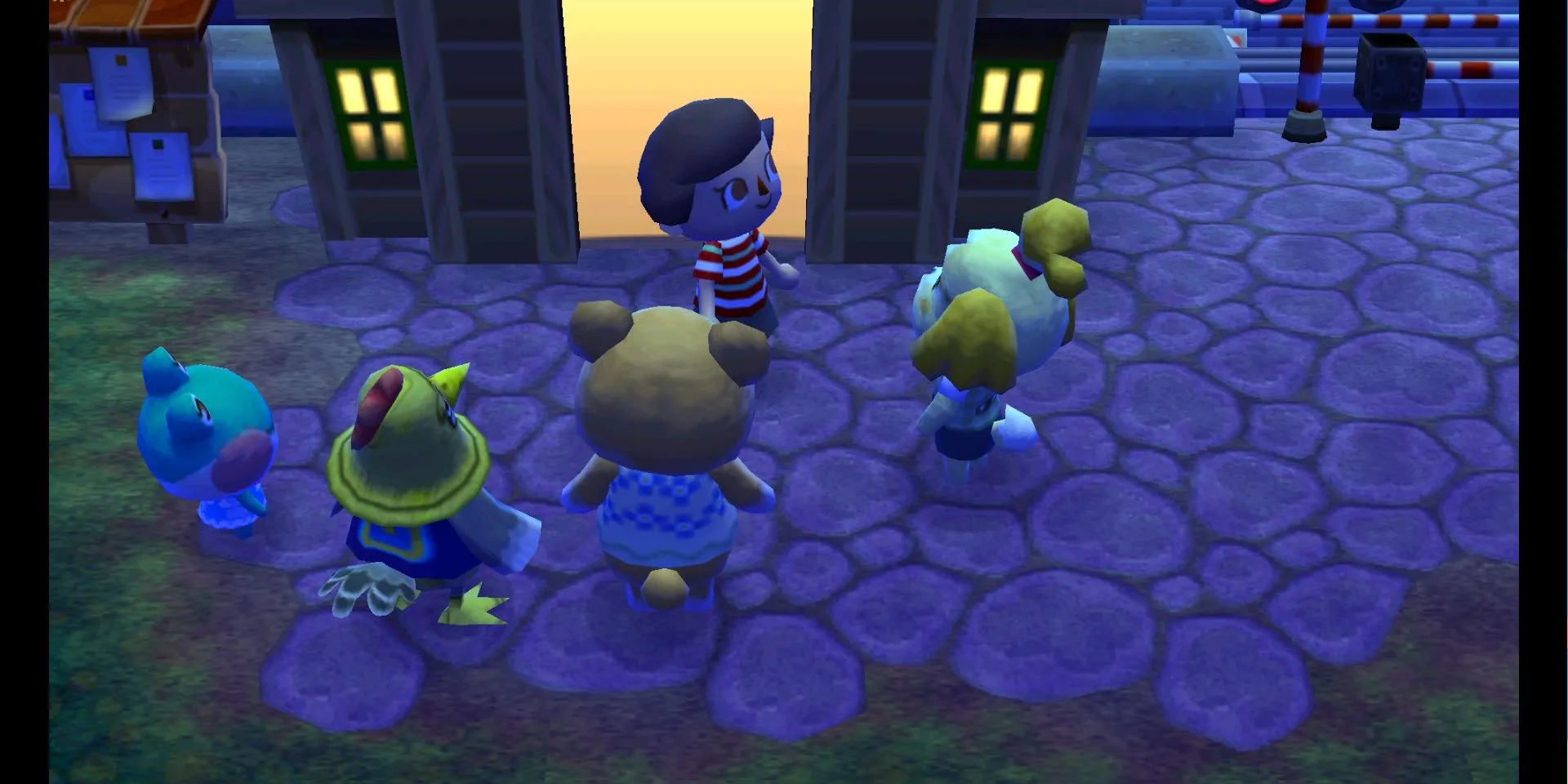 Ảnh chụp màn hình Animal Crossing New Leaf, người chơi đang bước vào thị trấn của mình vào ban đêm.