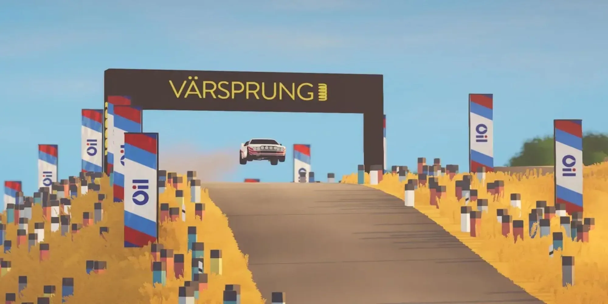 Ảnh chụp màn hình Art of Rally với chiếc xe đang drift trên đường đất, thể hiện phong cách đồ họa tối giản và góc nhìn từ trên xuống đặc trưng của game.