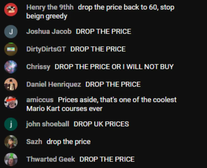 Ảnh chụp màn hình bình luận &quot;DROP THE PRICE&quot; của game thủ về giá Nintendo Switch 2
