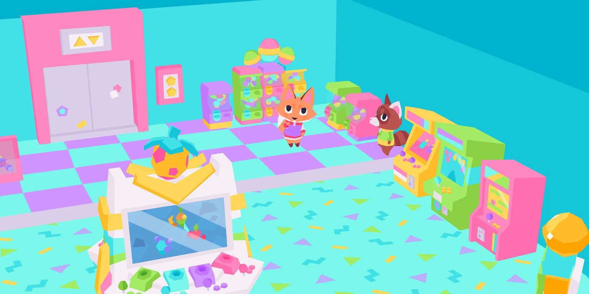 Ảnh chụp màn hình Button City từ Steam, nhân vật chính đang khám phá khu trò chơi điện tử.