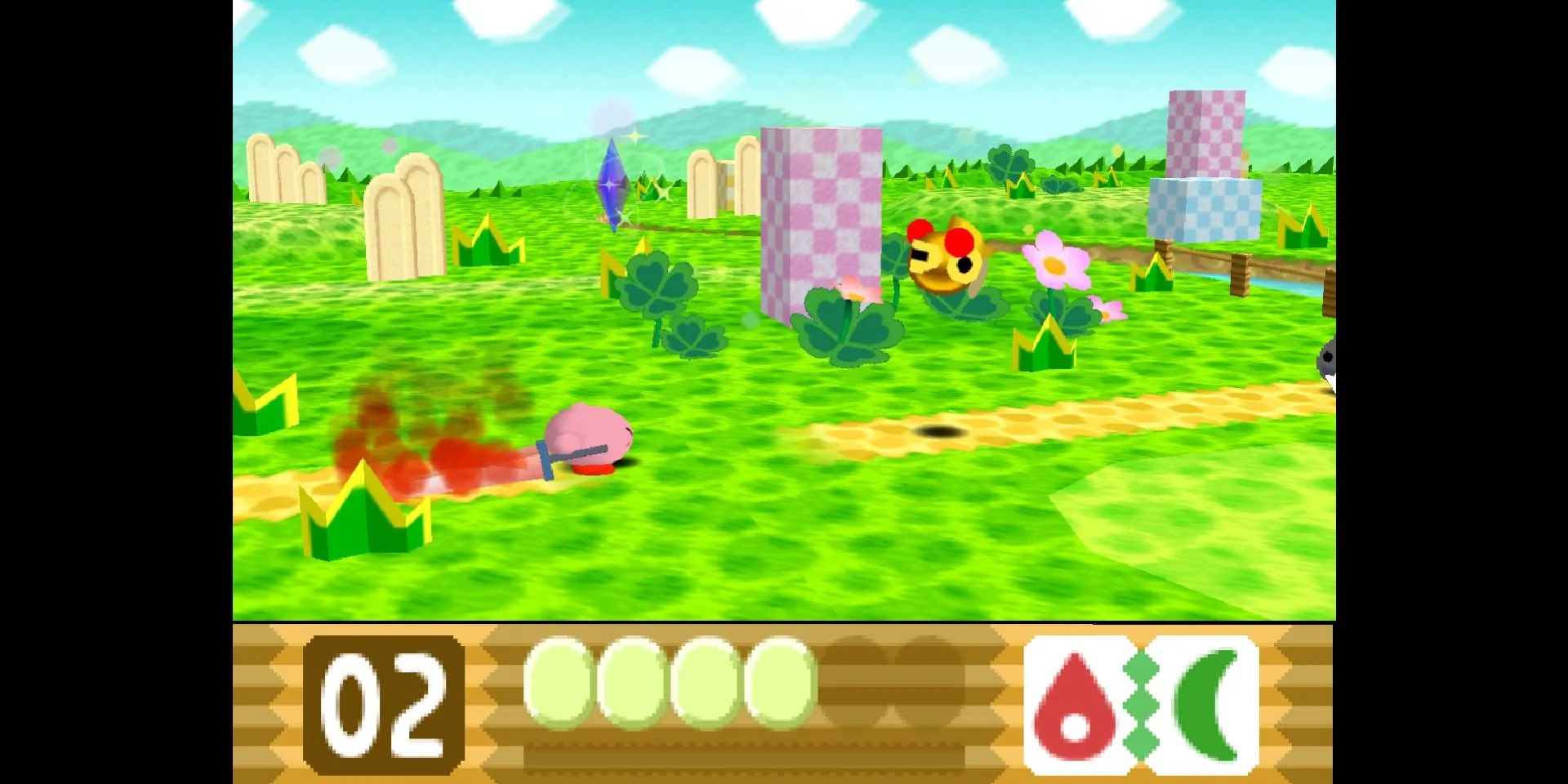 Ảnh chụp màn hình Kirby 64: The Crystal Shards, với Lửa và Dao Cắt kết hợp tạo thành Kiếm Lửa.