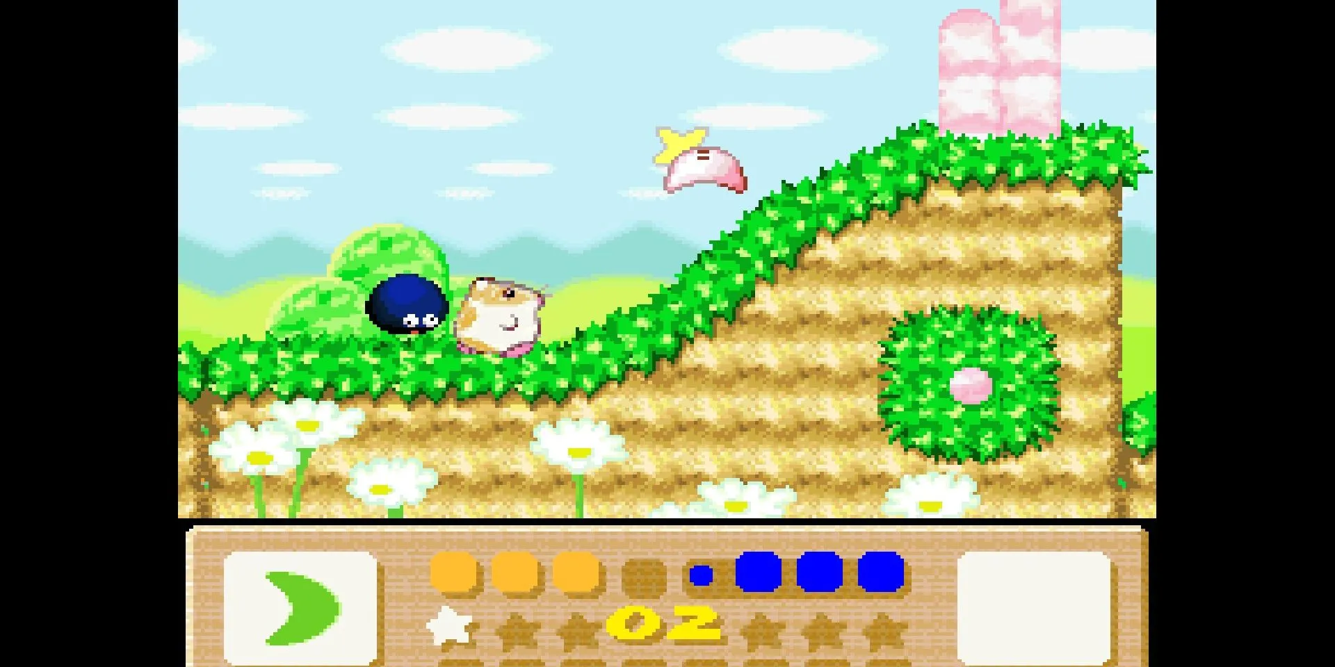 Ảnh chụp màn hình Kirby's Dream Land 3 với Kirby và bạn đồng hành Rick sử dụng năng lực Cutter.