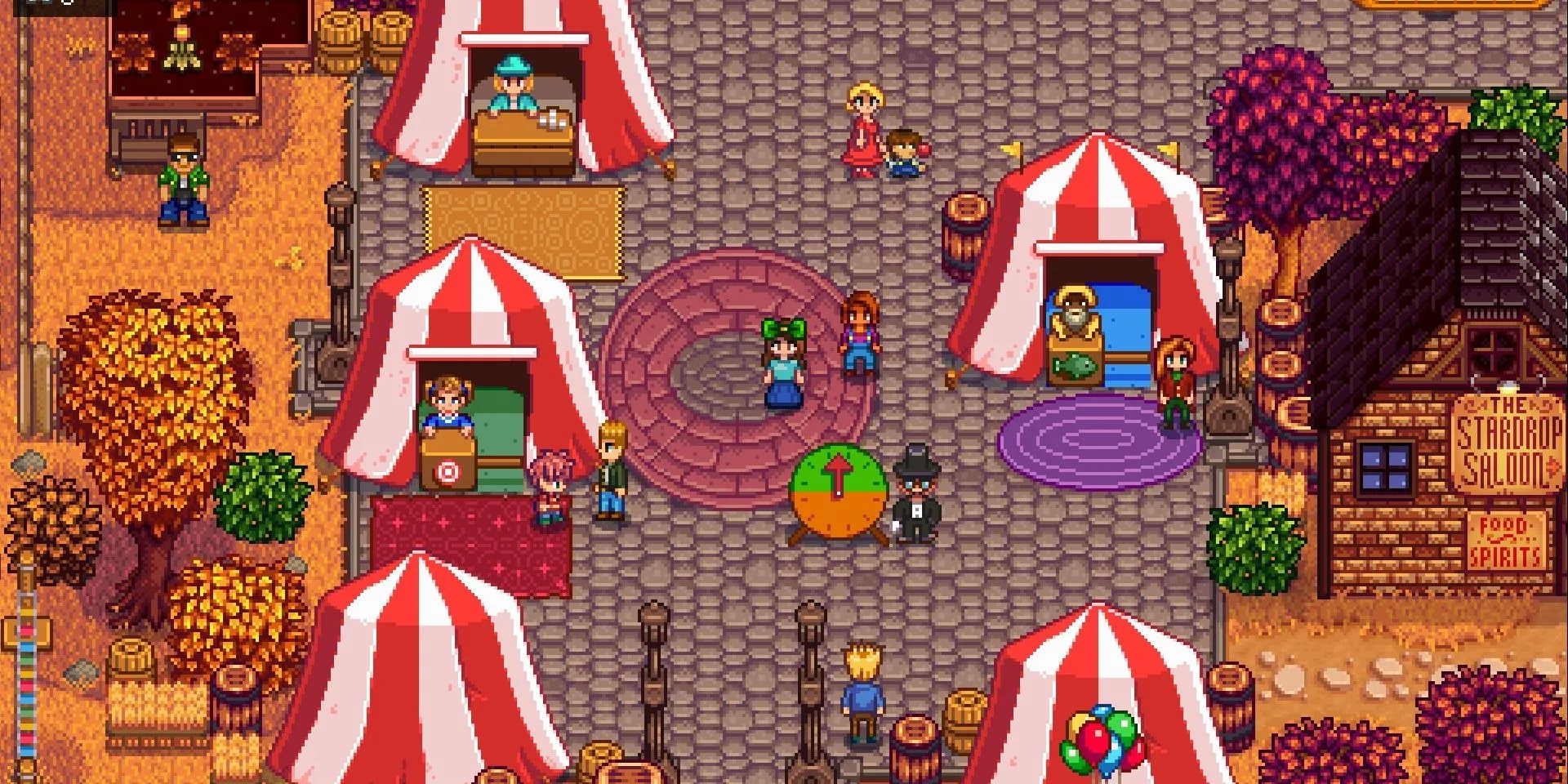 Ảnh chụp màn hình lễ hội Stardew Valley Fair, người chơi đứng sau vòng quay may mắn.
