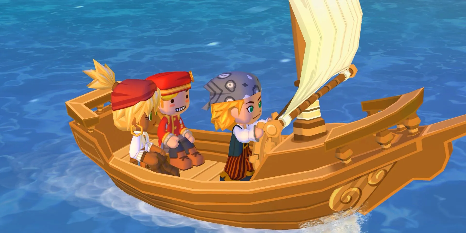 Ảnh chụp màn hình MySims Kingdom với nhân vật và các sim đang chèo thuyền trên biển.