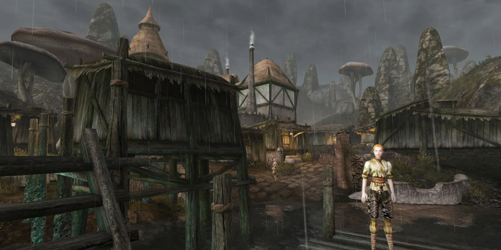 Ảnh chụp màn hình từ game The Elder Scrolls III Morrowind hiển thị một thị trấn với kiến trúc độc đáo