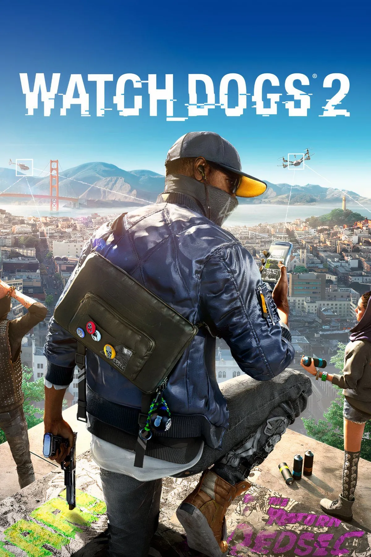 Ảnh ghép thể hiện các hoạt động đa dạng trong Watch Dogs 2, từ những pha rượt đuổi kịch tính đến hình ảnh nhân vật Wrench với chiếc mặt nạ biểu tượng.