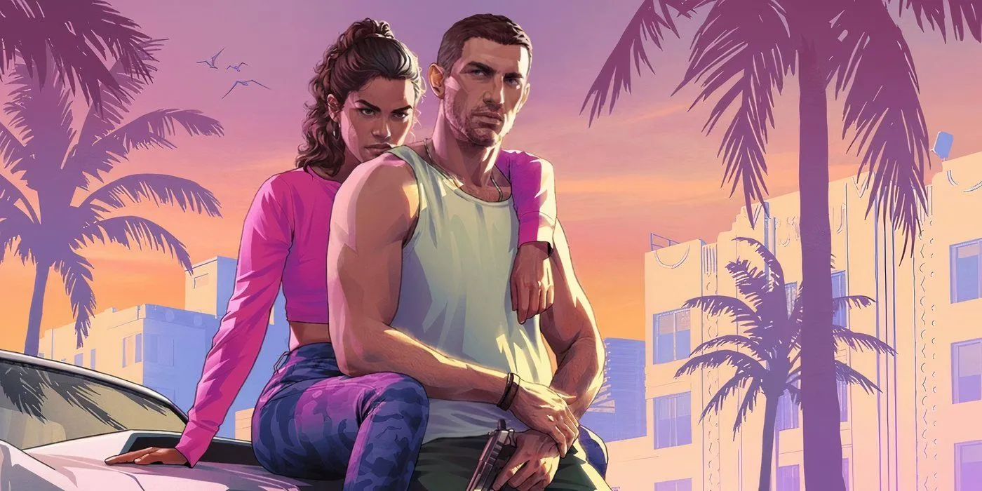 Artwork chi tiết của GTA 6 với hai nhân vật chính Jason và Lucia trên nền thành phố Vice City rực rỡ
