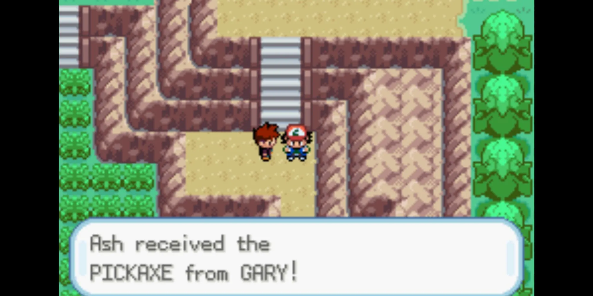 Ash nhận Cuốc Chim (Pickaxe) từ đối thủ Gary Oak trong Pokemon Ash Gray