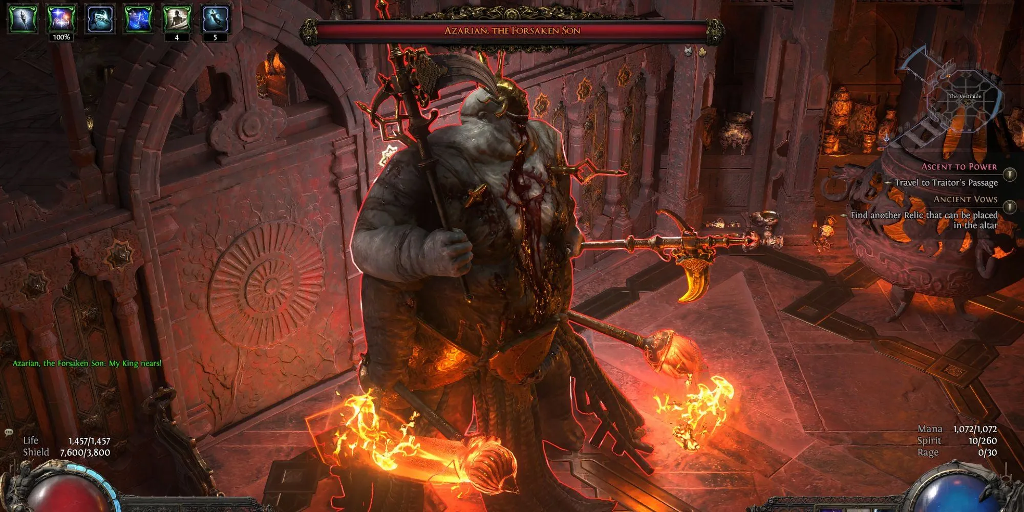 Azarian, boss Màn 2 Path of Exile II, đứng giữa đấu trường lửa với các đài lửa ở góc, sẵn sàng tấn công người chơi.