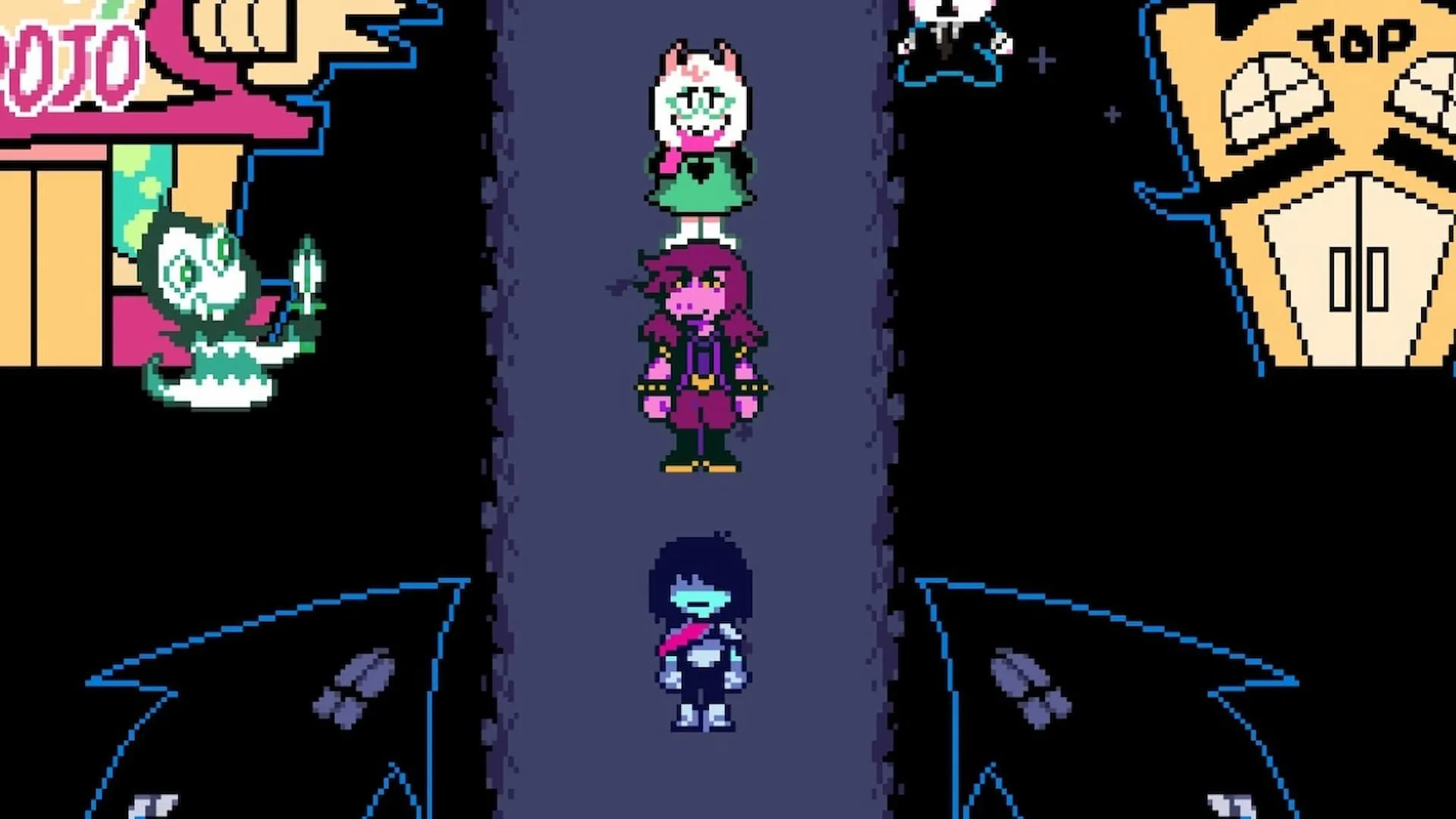 Ba nhân vật chính Kris, Ralsei và Susie trong game Deltarune tại một thị trấn.