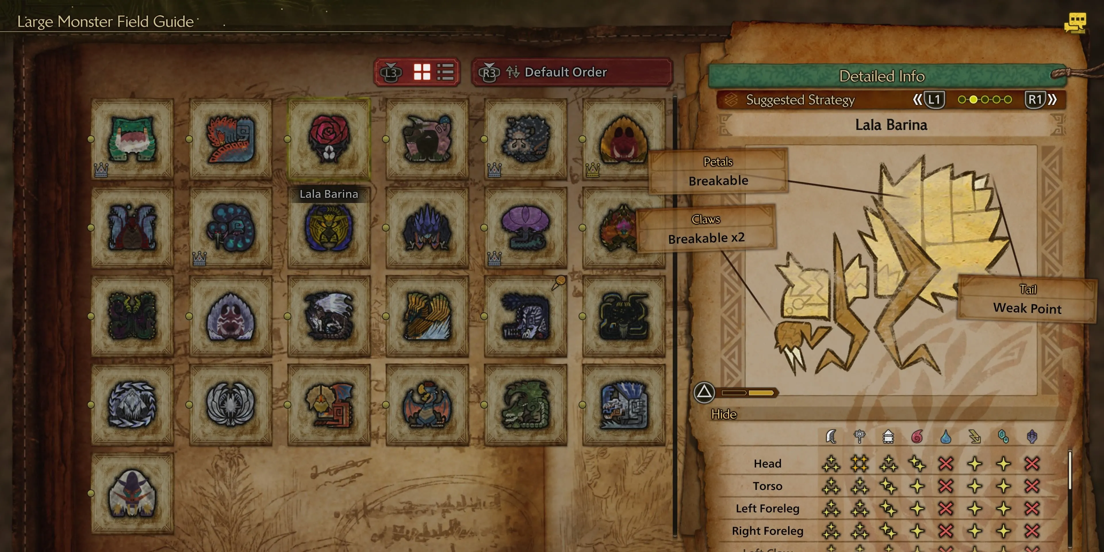 Bảng thông tin chi tiết về các điểm yếu của Lala Barina trong Monster Hunter Wilds, bao gồm các bộ phận và mức độ sát thương tương ứng