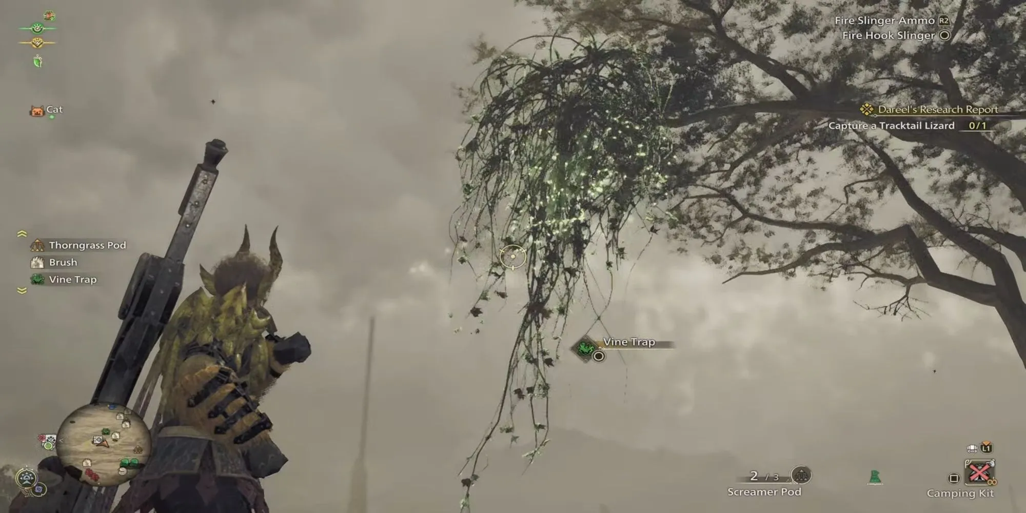 Bẫy môi trường trong Monster Hunter Wilds với đất đá sạt lở xuống khu vực quái vật.