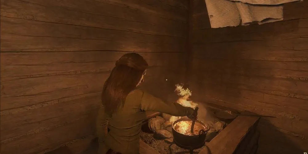 Betty đang nấu ăn trong nhà tắm Kingfisher, khởi đầu nhiệm vụ A Good Scrub trong Kingdom Come Deliverance 2