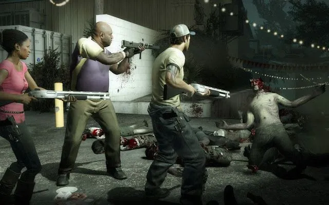 Bìa game Left 4 Dead với nhóm 4 người sống sót và bầy zombie hung hãn