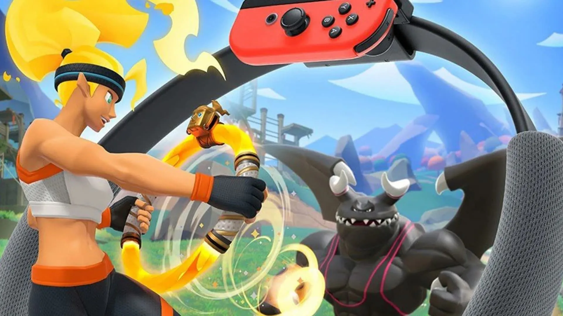 Bìa game Ring Fit Adventure với nhân vật chính và vòng Ring-Con trên Nintendo Switch