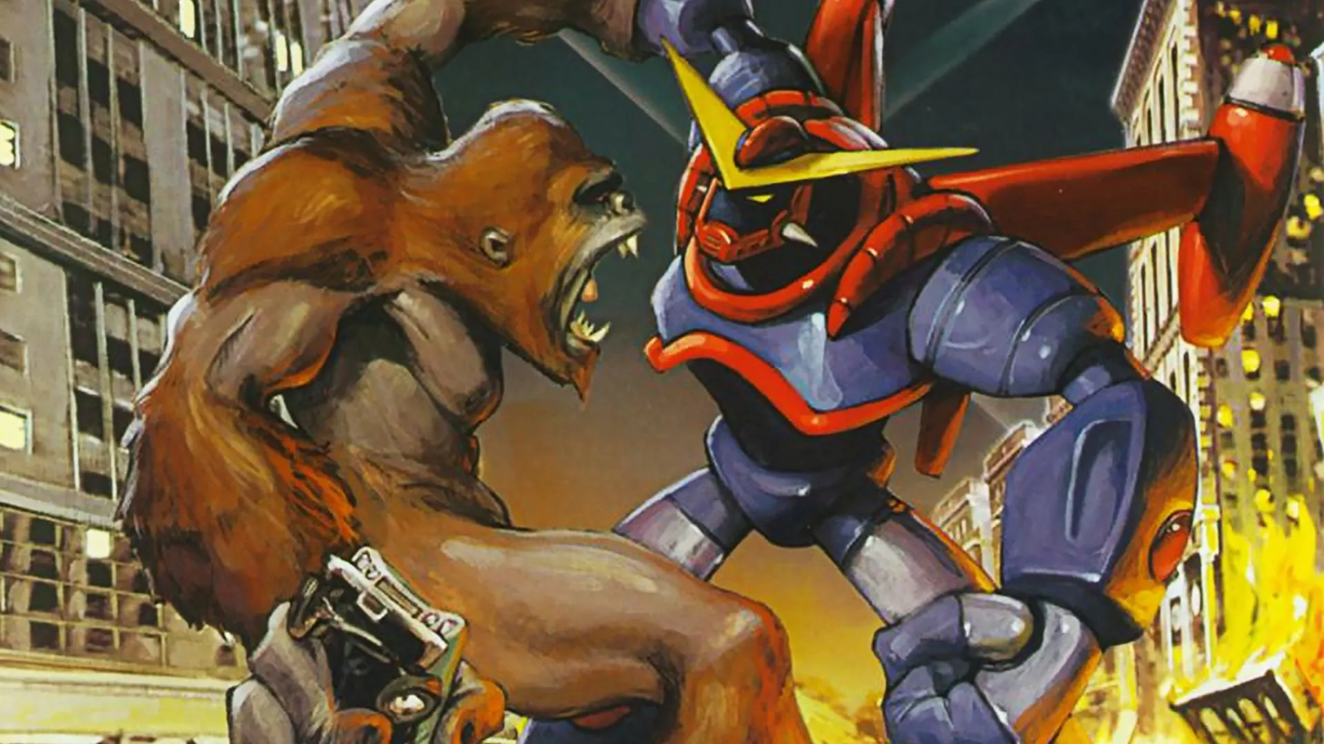 Bìa game War of the Monsters với hình ảnh quái vật khổng lồ đang chiến đấu giữa thành phố đổ nát