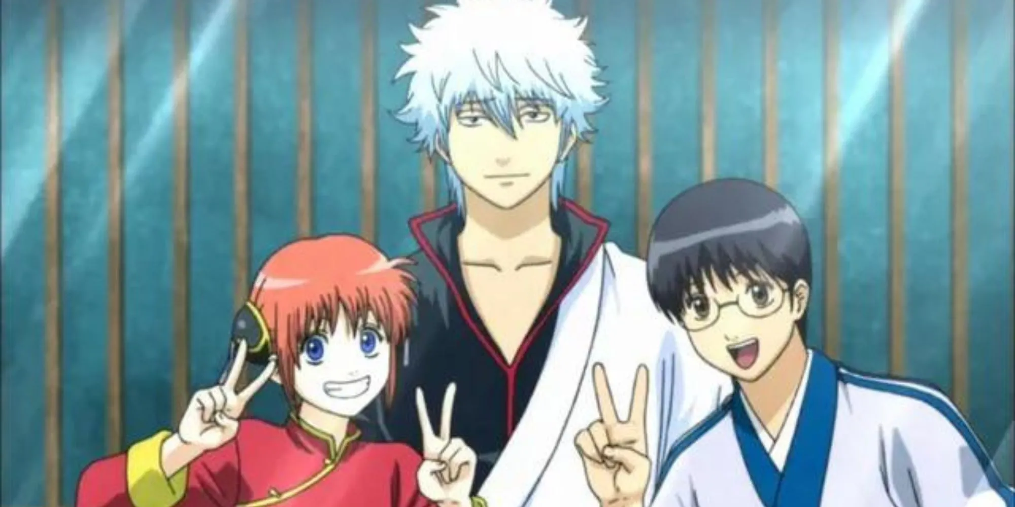 Bộ ba Gintoki, Shinpachi và Kagura của Gintama trong một tạo hình hài hước