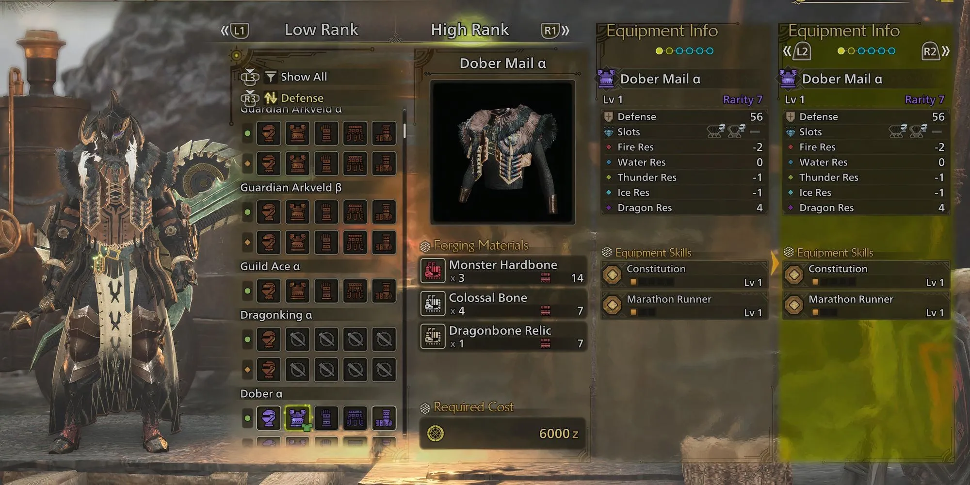Bộ giáp Dober Mail chế tạo từ Xá Lợi Long Cốt trong Monster Hunter Wilds với chỉ số ấn tượng
