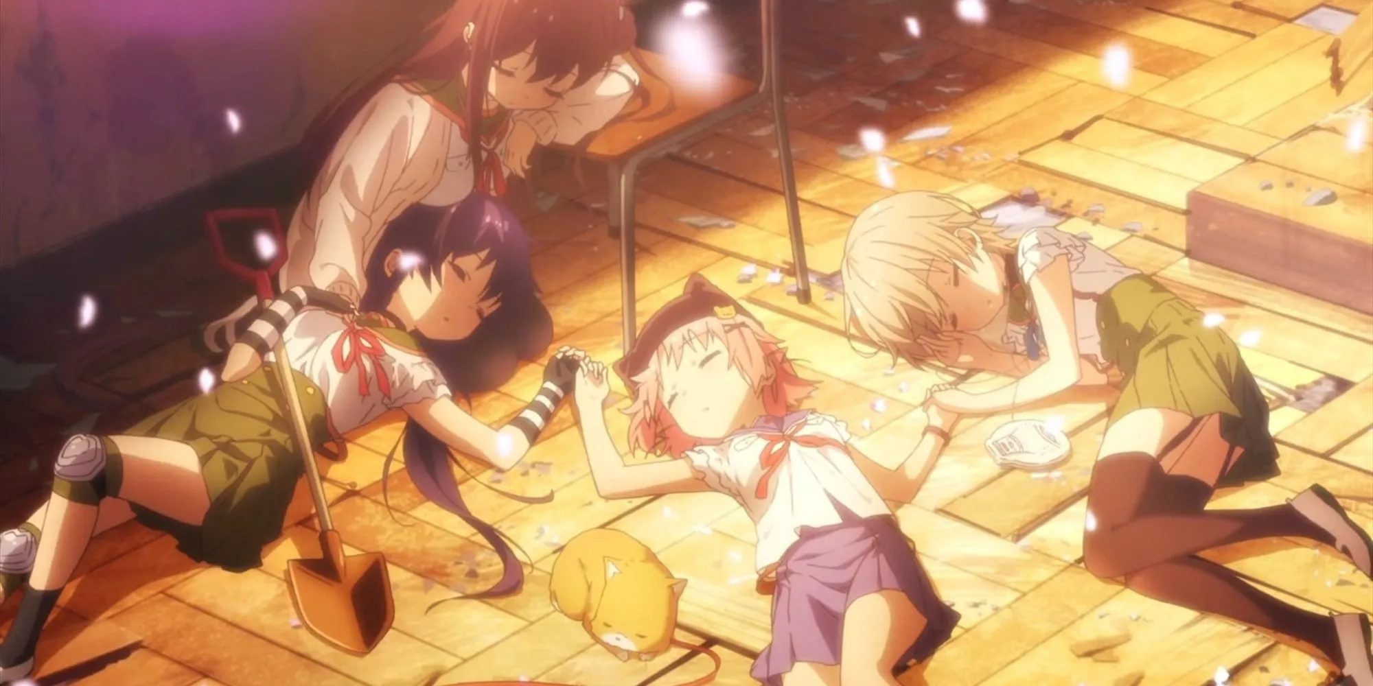 Các cô gái School-Live! ngủ trên sàn lớp học, một hình ảnh đối lập với thực tại zombie kinh hoàng