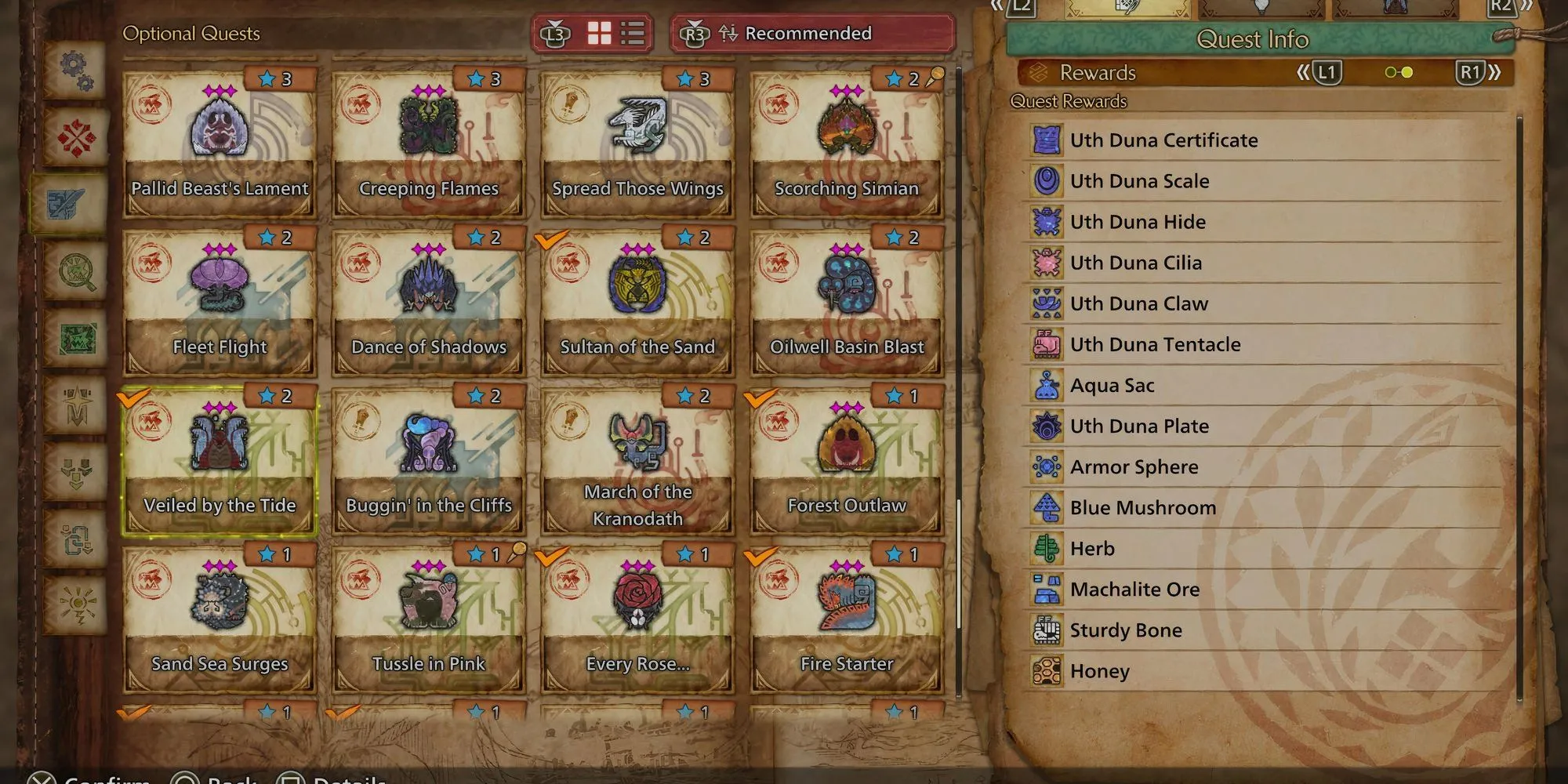 Các loại vật phẩm phần thưởng quý hiếm nhận được sau khi hạ gục Uth Duna trong Monster Hunter Wilds.