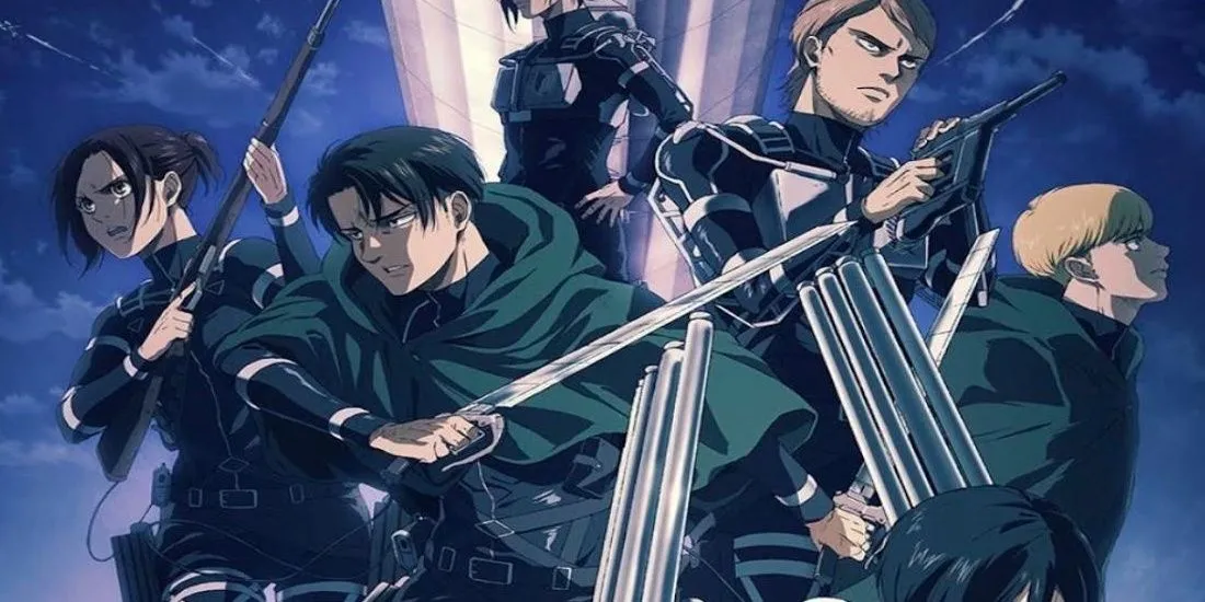 Các nhân vật chính của Attack On Titan đứng cùng nhau với vũ khí sẵn sàng chiến đấu