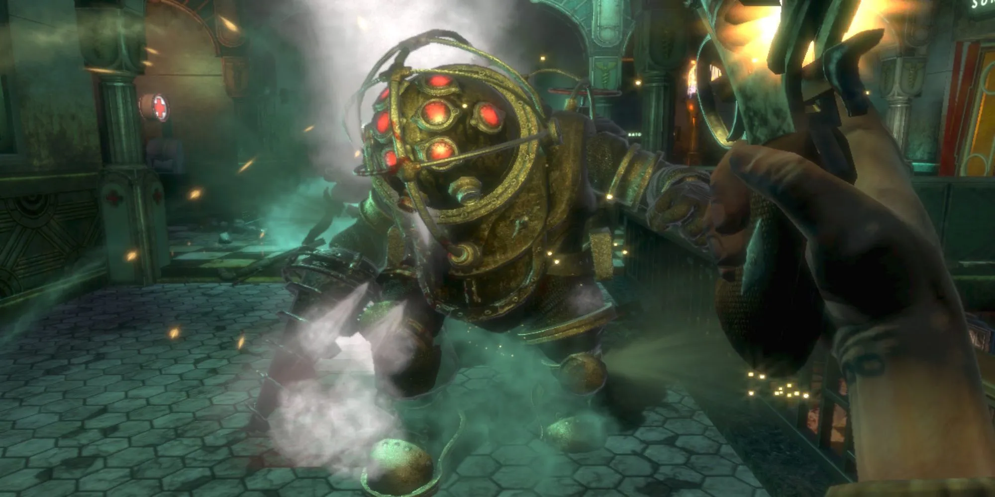Cảnh chiến đấu trong BioShock với nhân vật chính đối đầu Big Daddy trong thành phố Rapture dưới nước