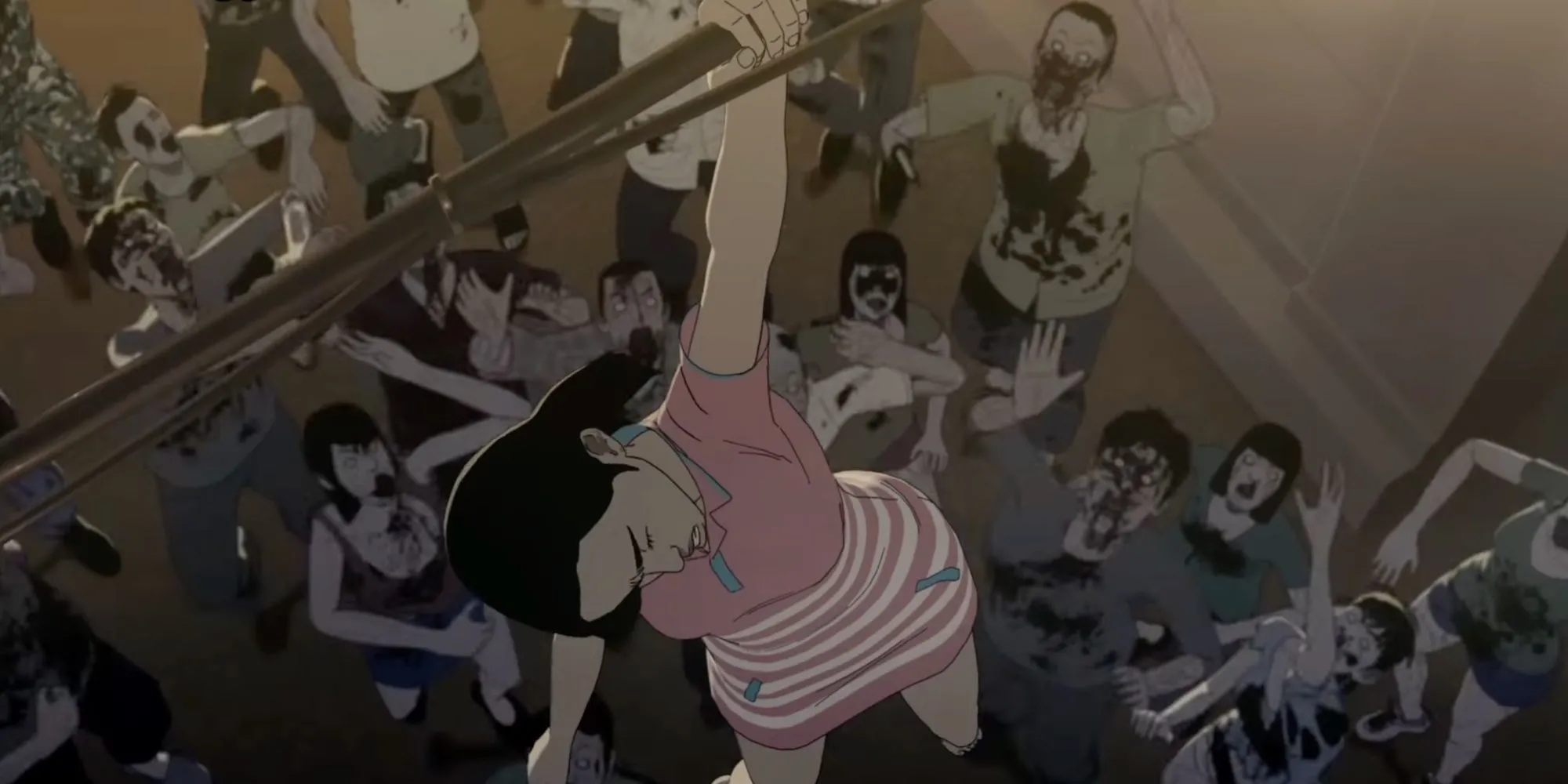 Cảnh Hye-Sun trong Seoul Station đang treo mình trên cột giữa một bầy zombie đáng sợ bên dưới