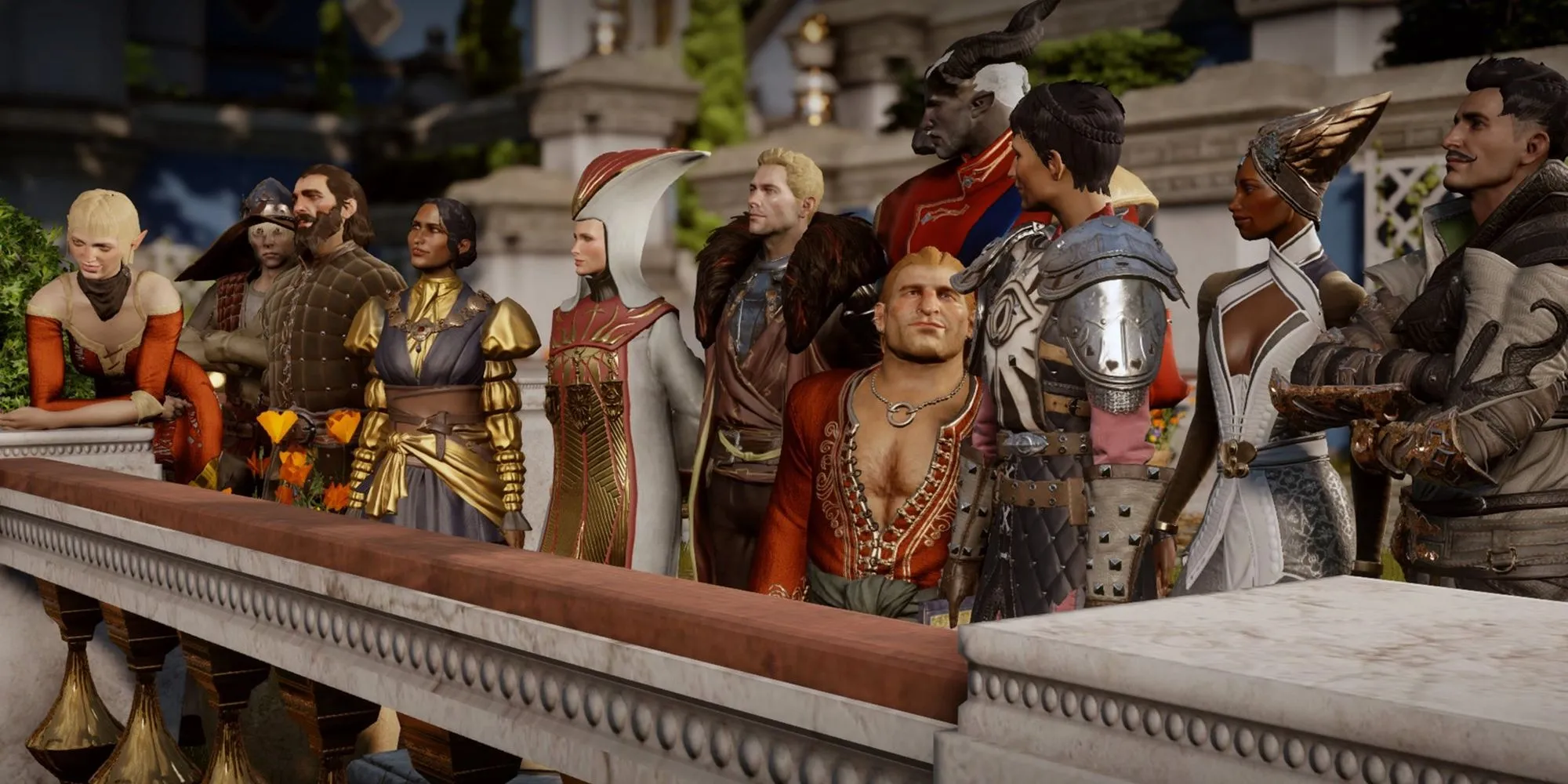 Cảnh kết thúc trong Dragon Age Inquisition với các nhân vật quan trọng đứng cùng nhau