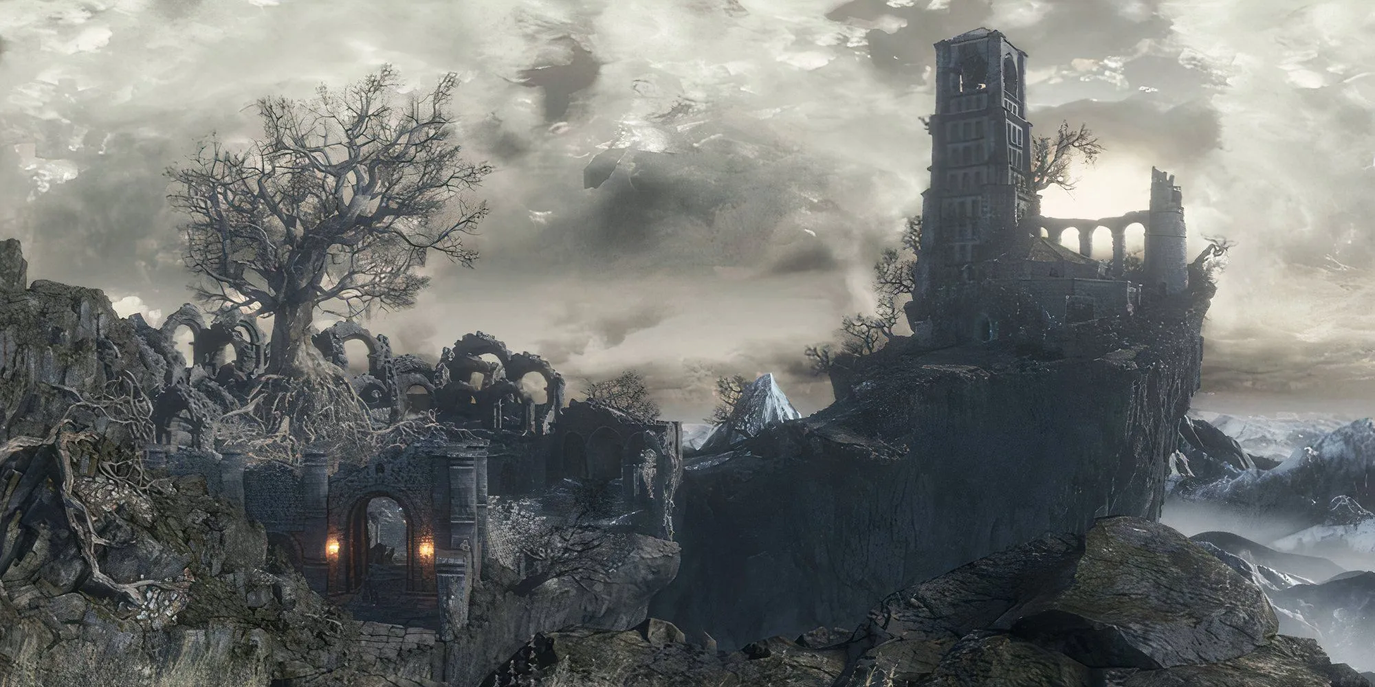 Cemetery of Ash trong Dark Souls 3 với khung cảnh hùng vĩ dẫn đến Firelink Shrine, nơi Unkindled bắt đầu hành trình.