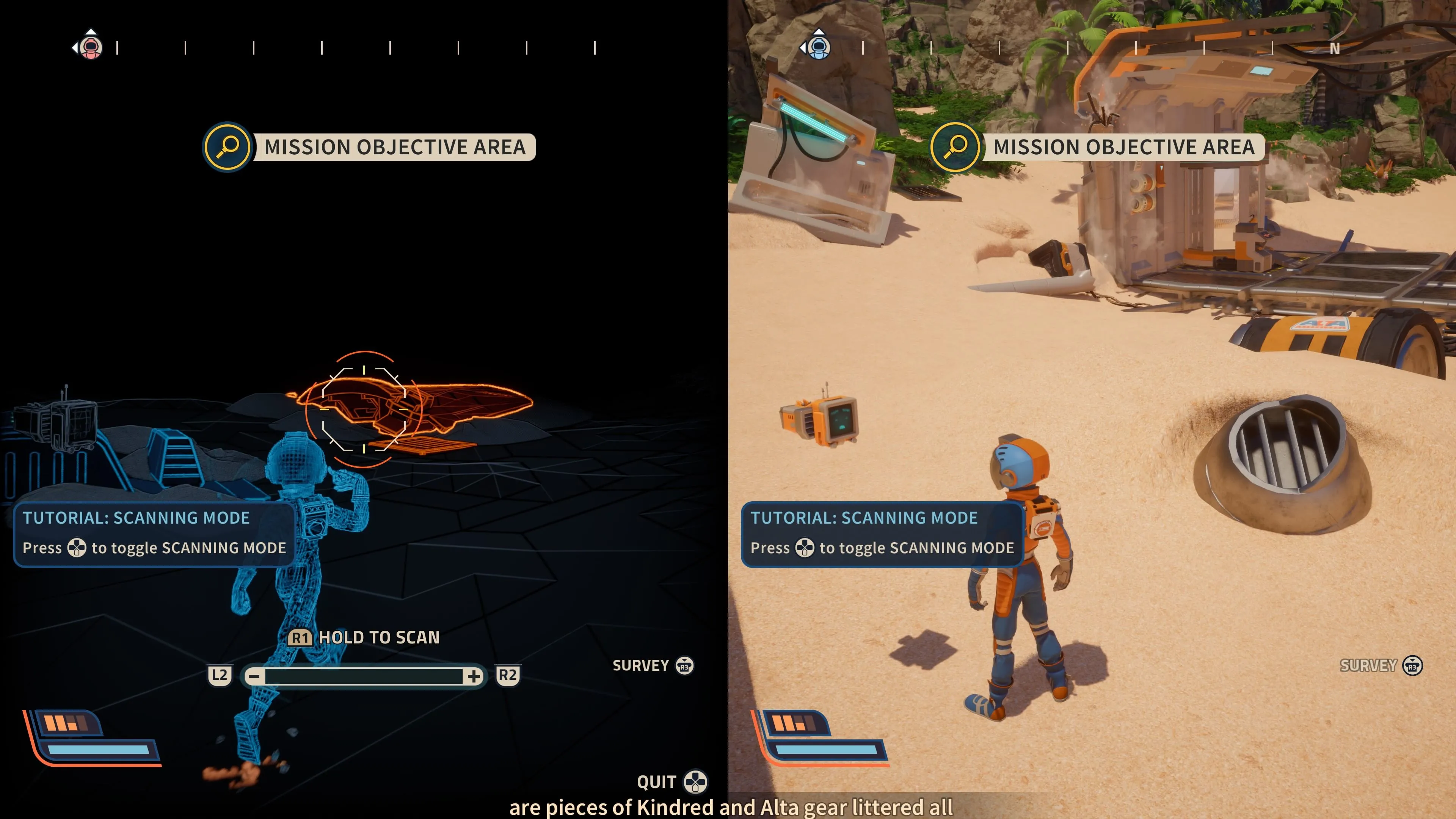 Chế độ co-op chia đôi màn hình trong Revenge of the Savage Planet với hai người chơi khám phá.
