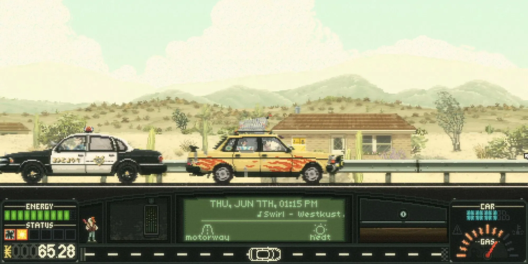 Chiếc xe hơi trên hành trình xuyên quốc gia trong game Keep Driving với giao diện quản lý tài nguyên