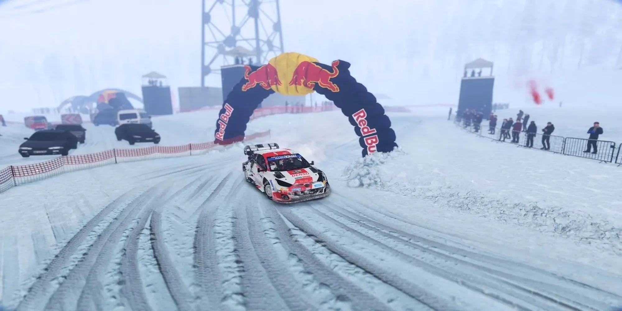 Chiếc xe WRC hiện đại đang lao vun vút trên đường đua đầy tuyết trong game WRC Generations.