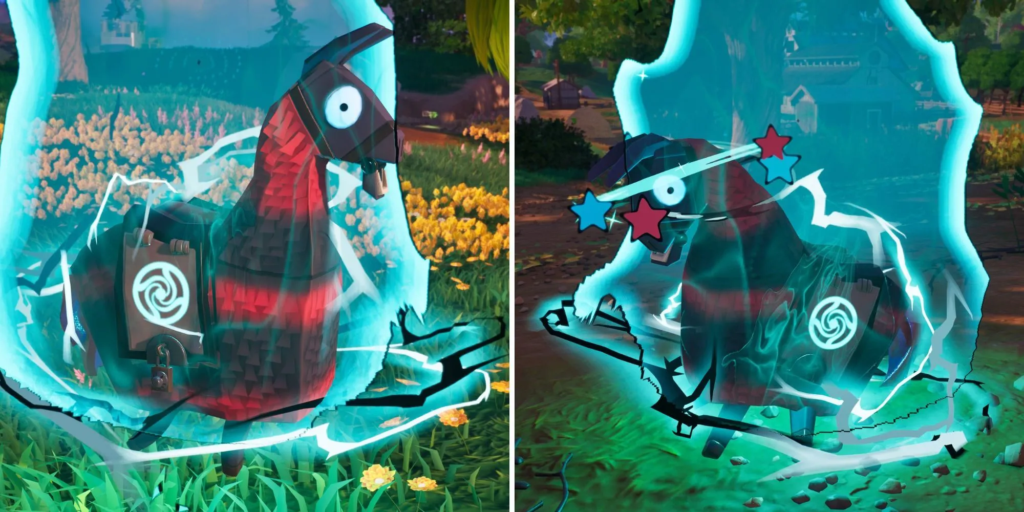 Chú Nguyền Llama đen đỏ trong Fortnite phát ra năng lượng nguyền rủa, chứa vật phẩm Jujutsu Kaisen