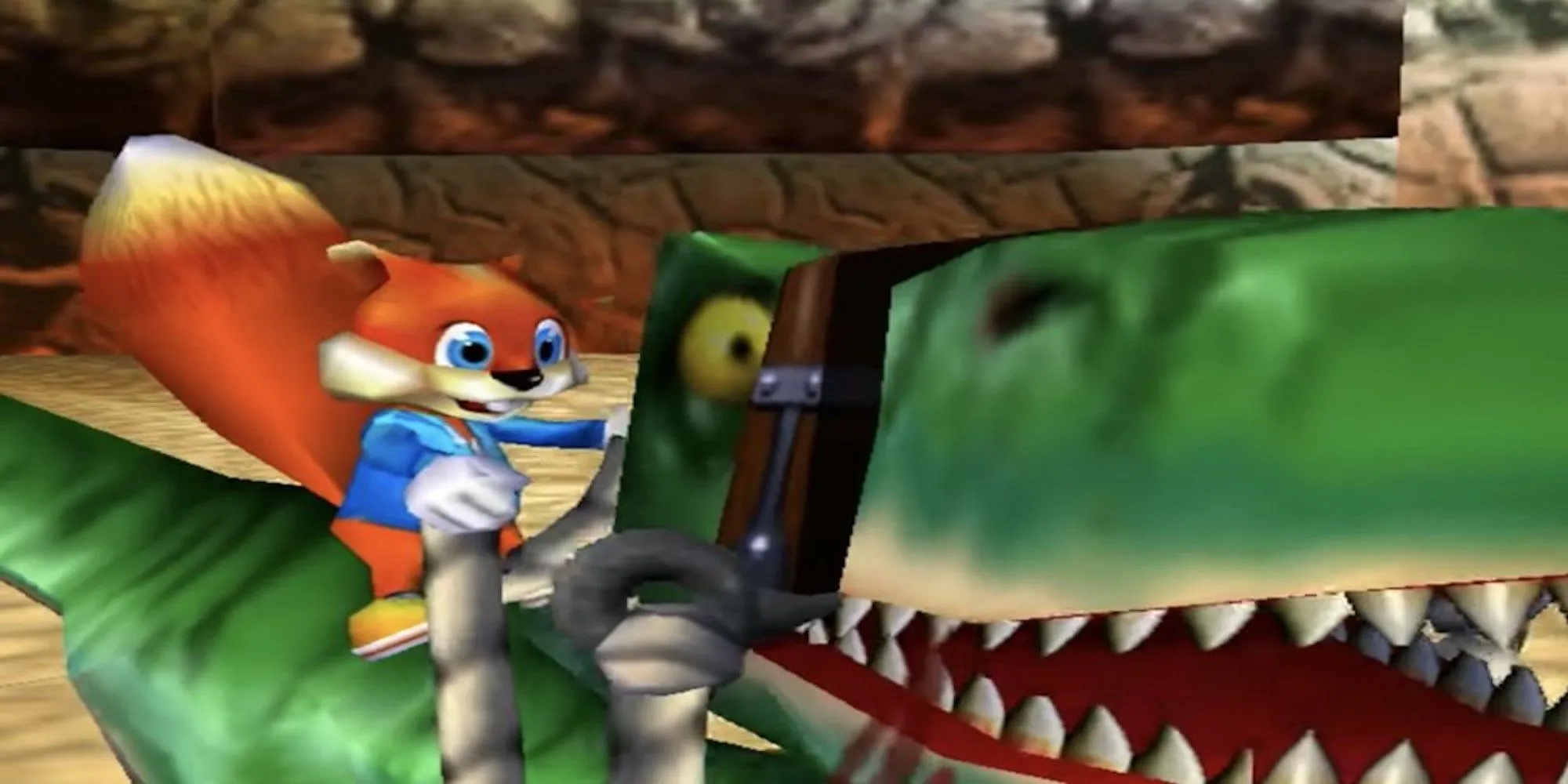 Chú sóc Conker cưỡi khủng long trong game Conker's Bad Fur Day đầy hài hước đen tối