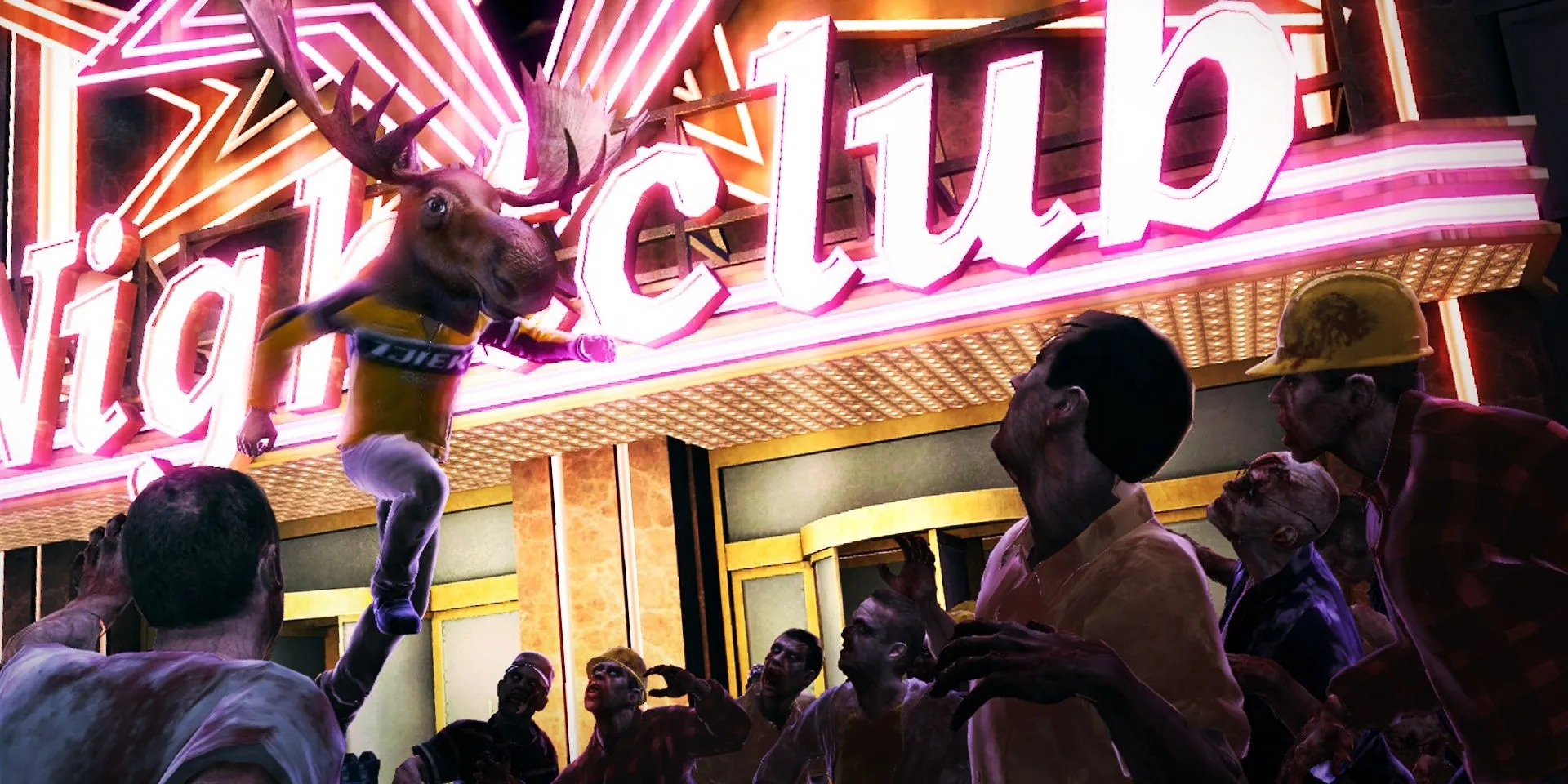 Chuck Greene đội đầu nai sừng tấm nhảy vào đám đông zombie trong Dead Rising 2, một game hành động hài hước với vũ khí tự chế độc đáo