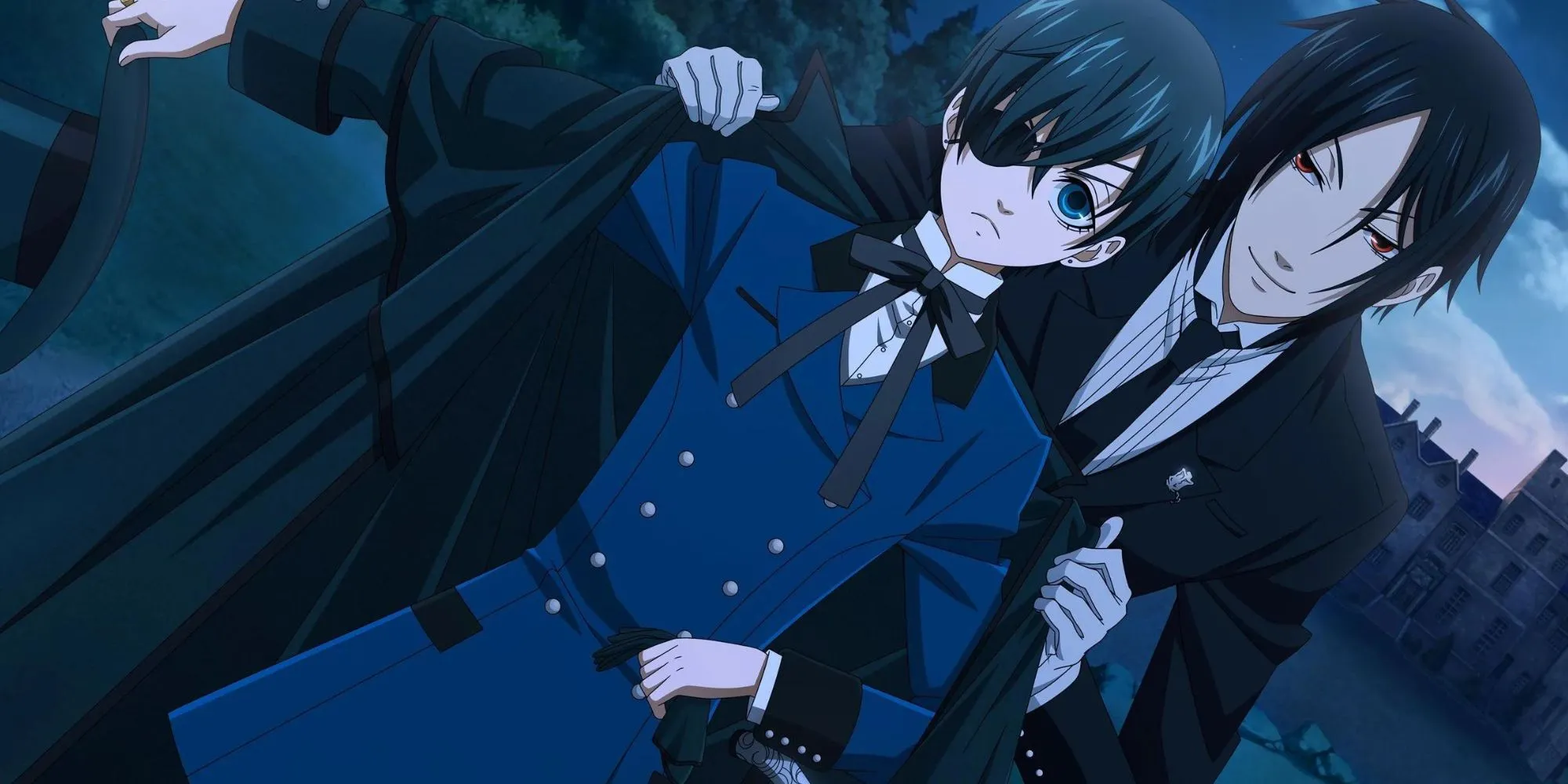 Ciel Phantomhive từ Black Butler được Sebastian Michaelis giúp mặc đồ, chiếc bịt mắt che giấu khế ước Faust