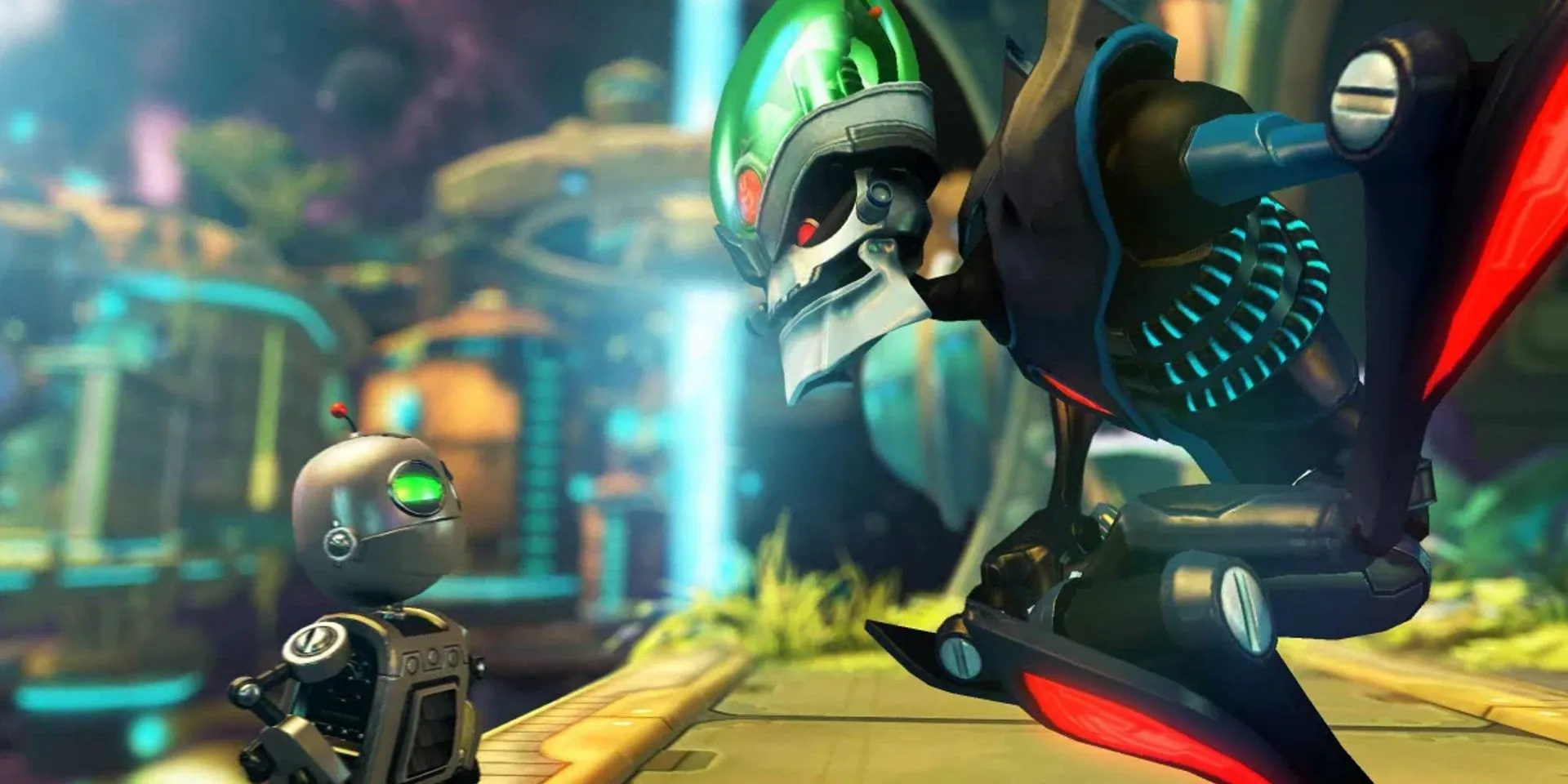 Clank đối mặt với Dr. Nefarious trong một cảnh của Ratchet &amp; Clank Future: A Crack in Time.