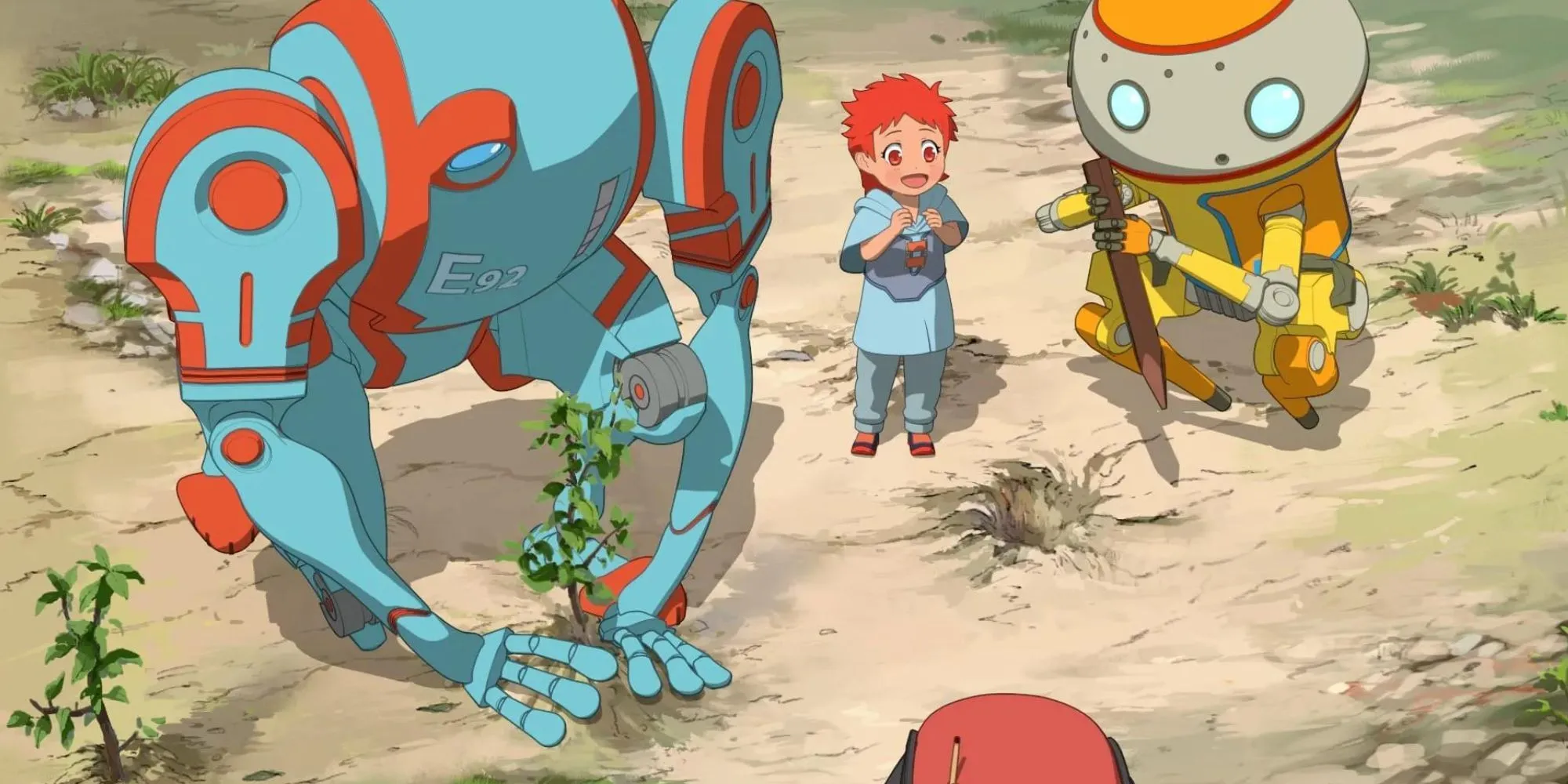 Cô bé Sara Grace cùng hai robot A37 và E92 trong anime Eden của Netflix