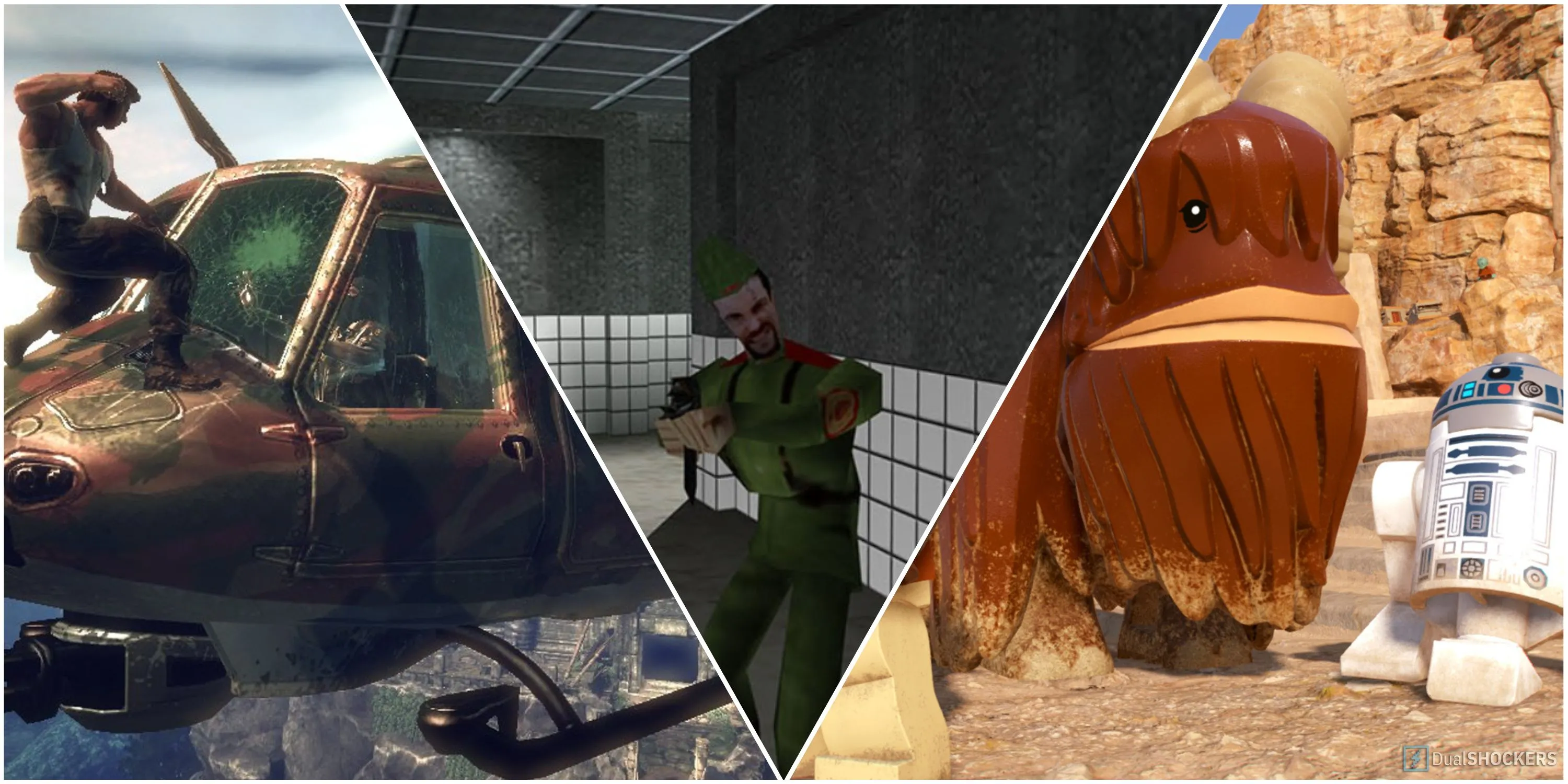 Collage các game chuyển thể từ phim X-Men Origins Wolverine, GoldenEye 007, Lego Star Wars Skywalker Saga