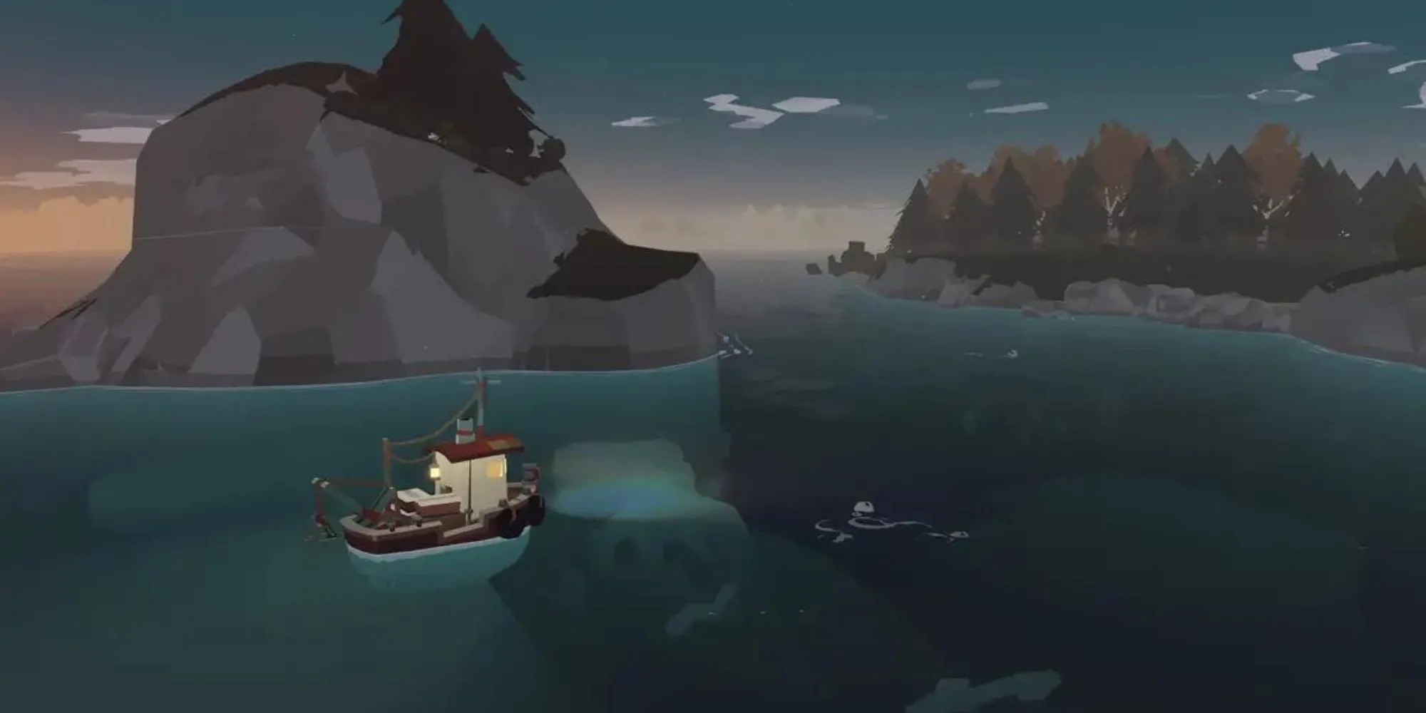 Con tàu nhỏ đang di chuyển trên mặt biển giữa các đảo đá trong game Dredge vào lúc hoàng hôn