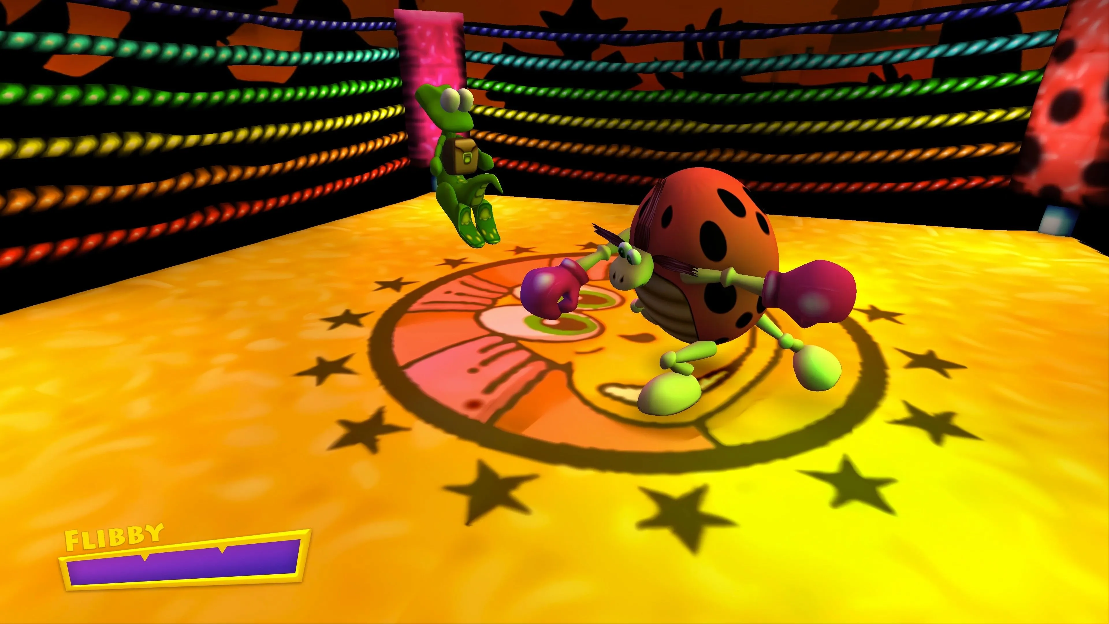 Croc đối đầu với trùm Flibby trong một trận đấu boss của Croc Remaster
