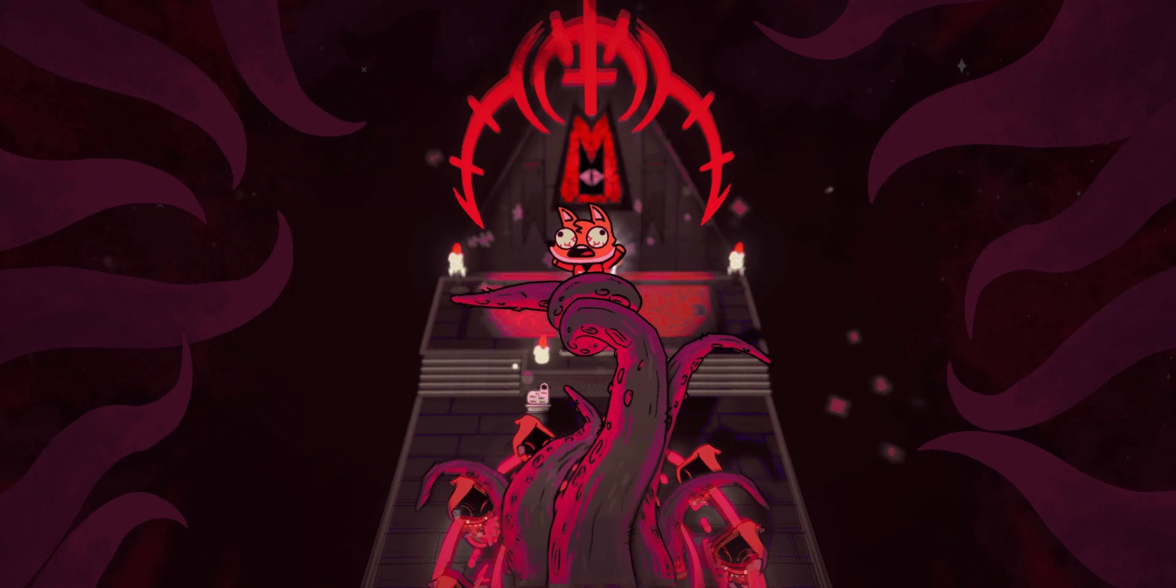 Cừu thủ lĩnh thực hiện nghi lễ hiến tế một tín đồ trong Cult of the Lamb, game roguelite kết hợp mô phỏng hài hước đen tối